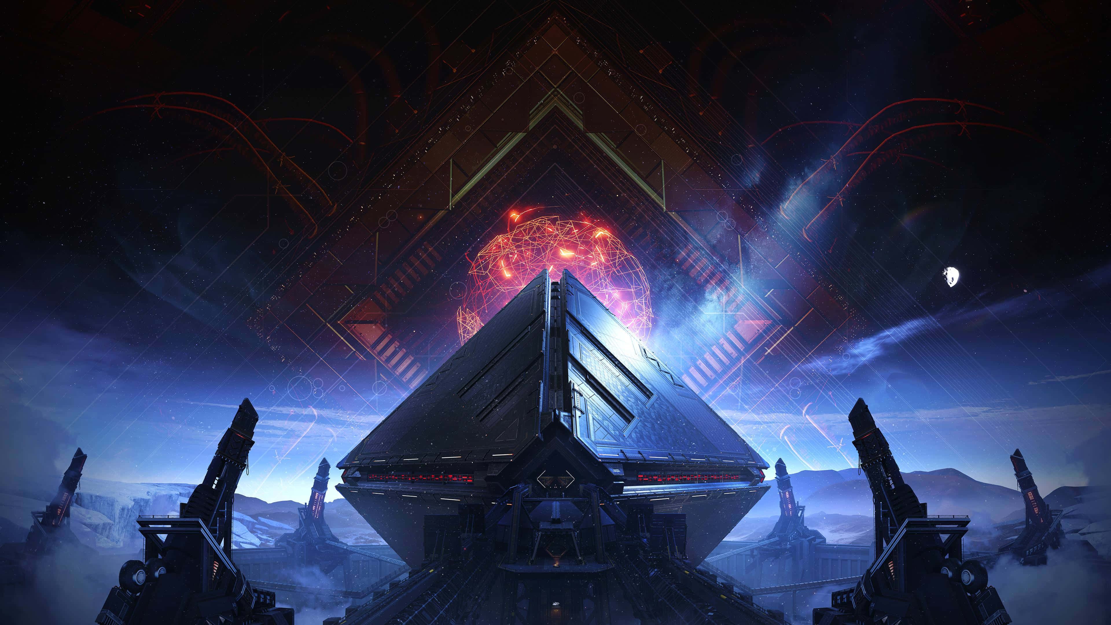 Destiny 2, futuristic pyramid-shaped spaceship, snowy alien landscape, 4K Desktop Wallpaper