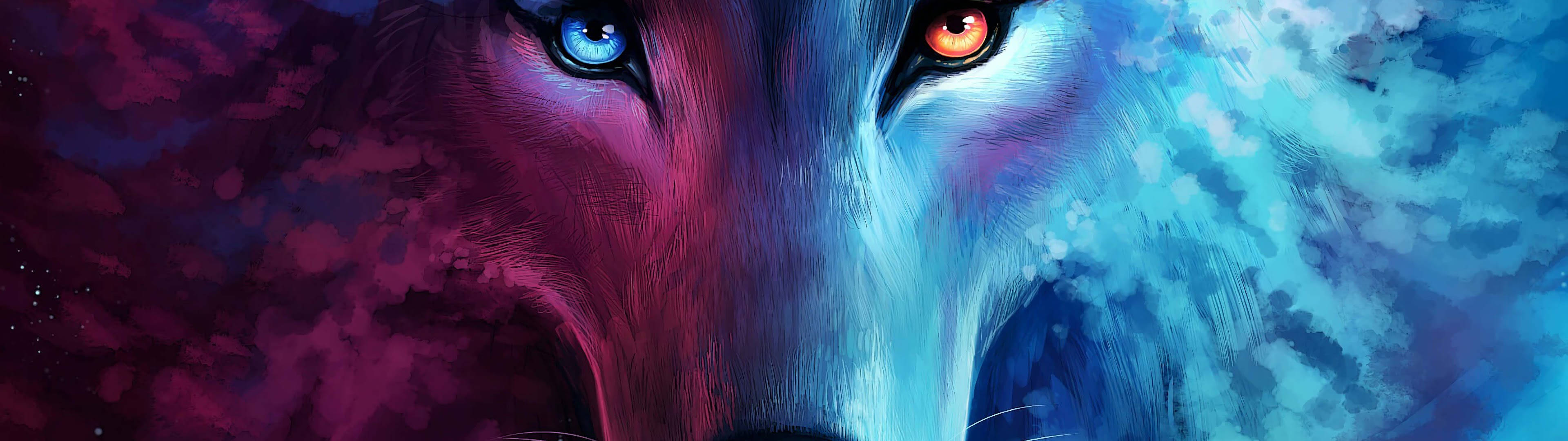 3840x1080 4K, colorful wolf, blue eye, 4K Desktop Wallpaper