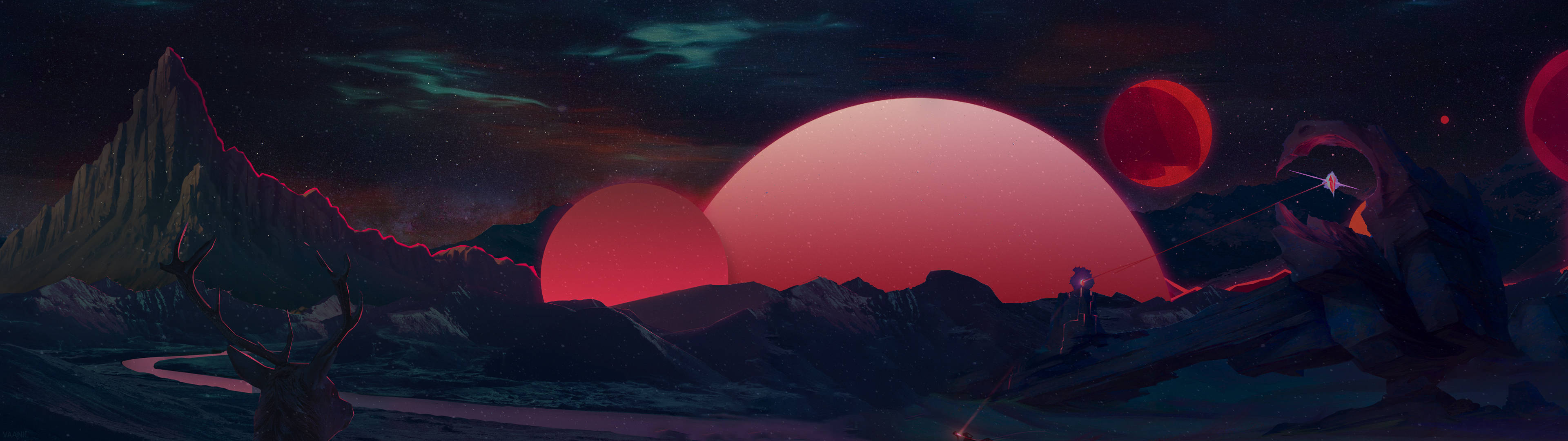 3840x1080 4K, red alien planet, three glowing red suns, 4K Desktop Wallpaper