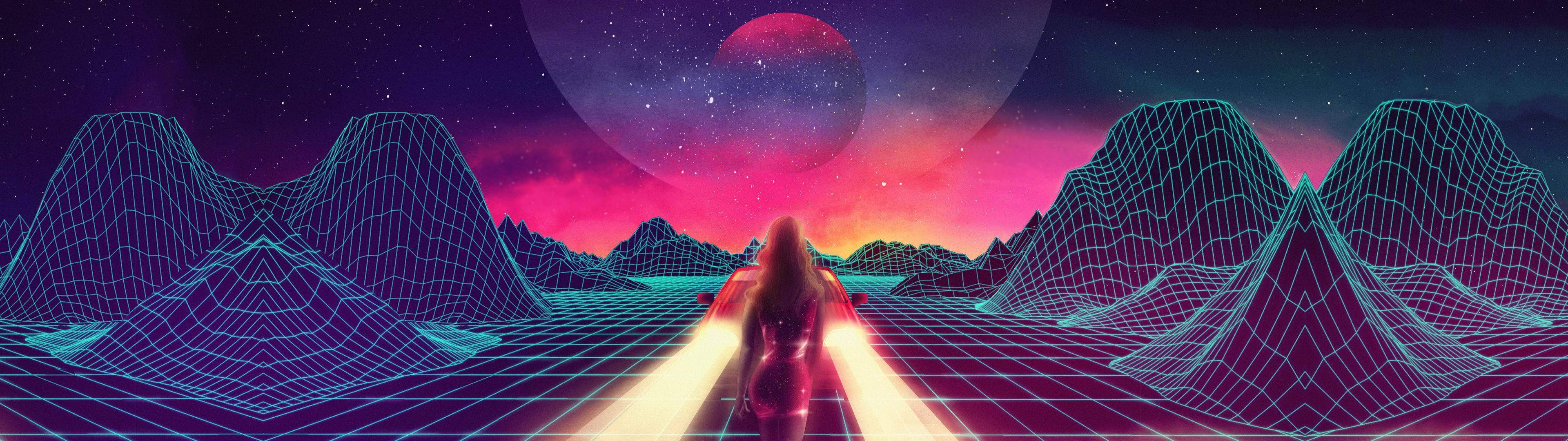 3840x1080 4K, retrowave, glowing grid landscape, 4K Desktop Wallpaper