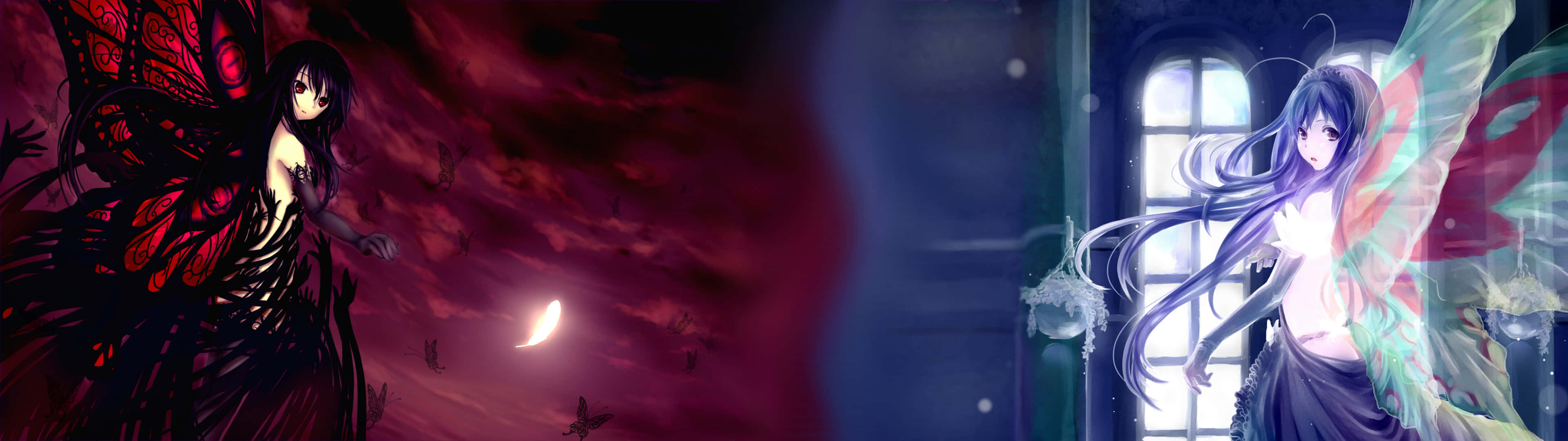 3840x1080, anime girls, black green wings, 4K Desktop Wallpaper
