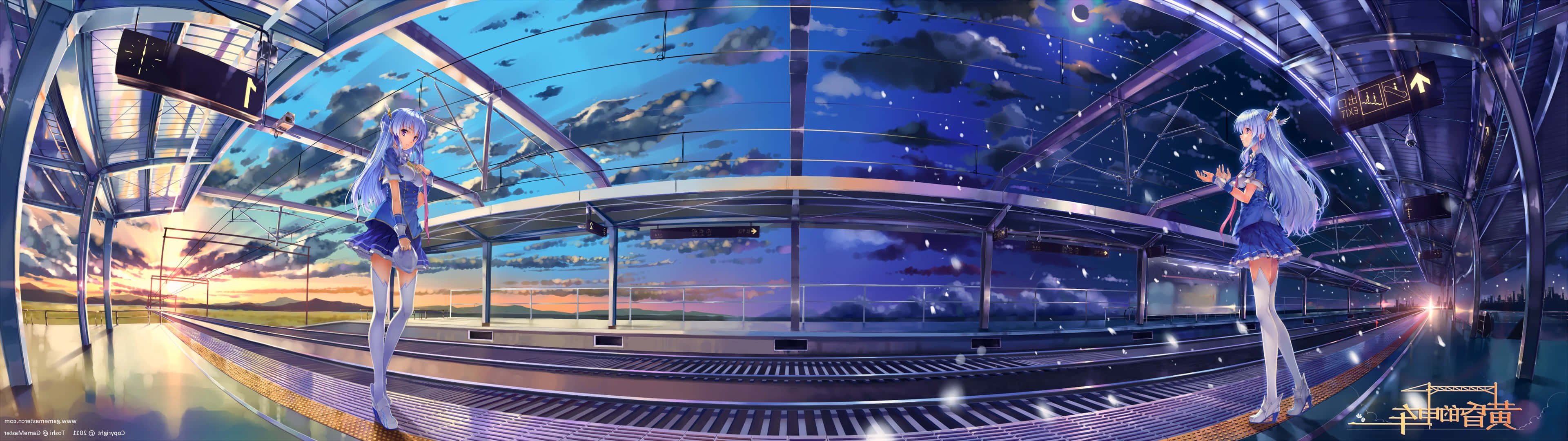 3840x1080 Anime, blue hair girl, futuristic train platform, 4K Desktop Wallpaper