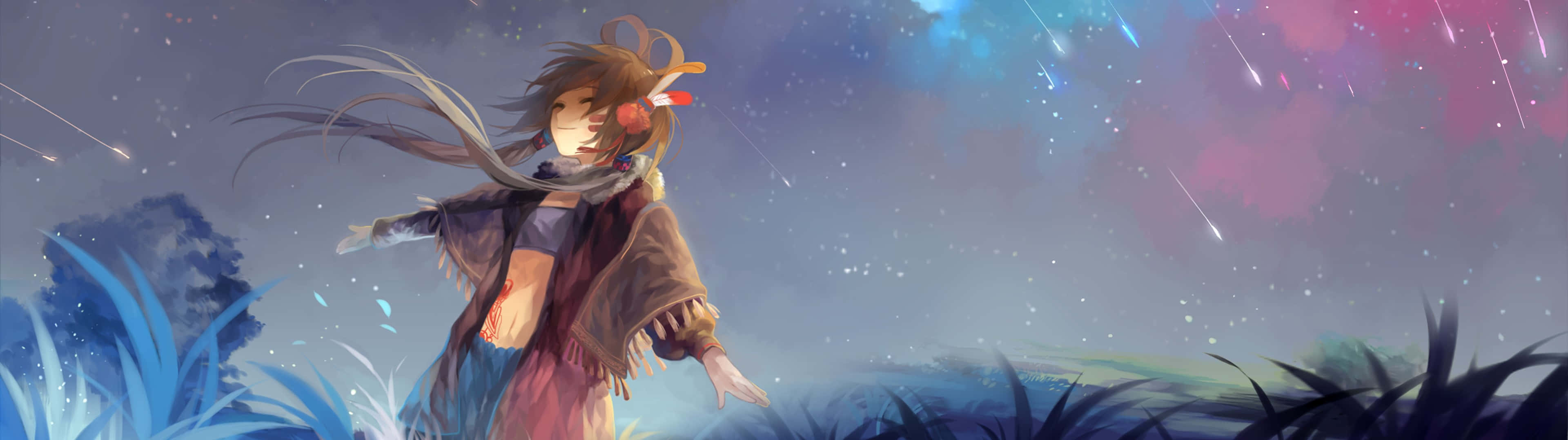3840x1080, anime girl, starry sky, 4K Desktop Wallpaper