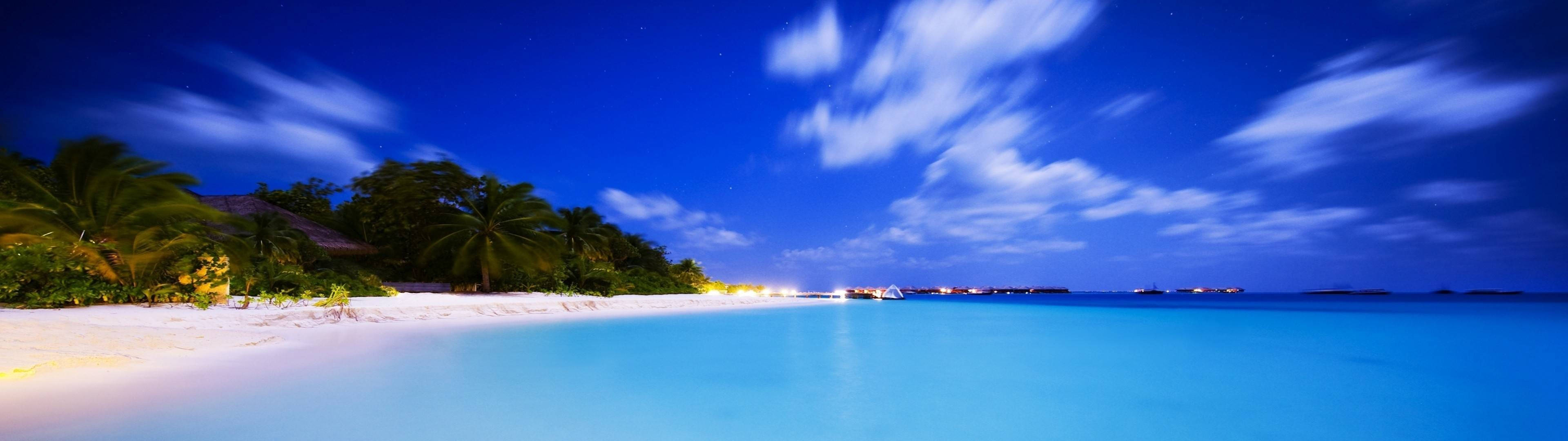 3840x1080 HD Dual Monitor, tropical beach, night, 4K Desktop Wallpaper
