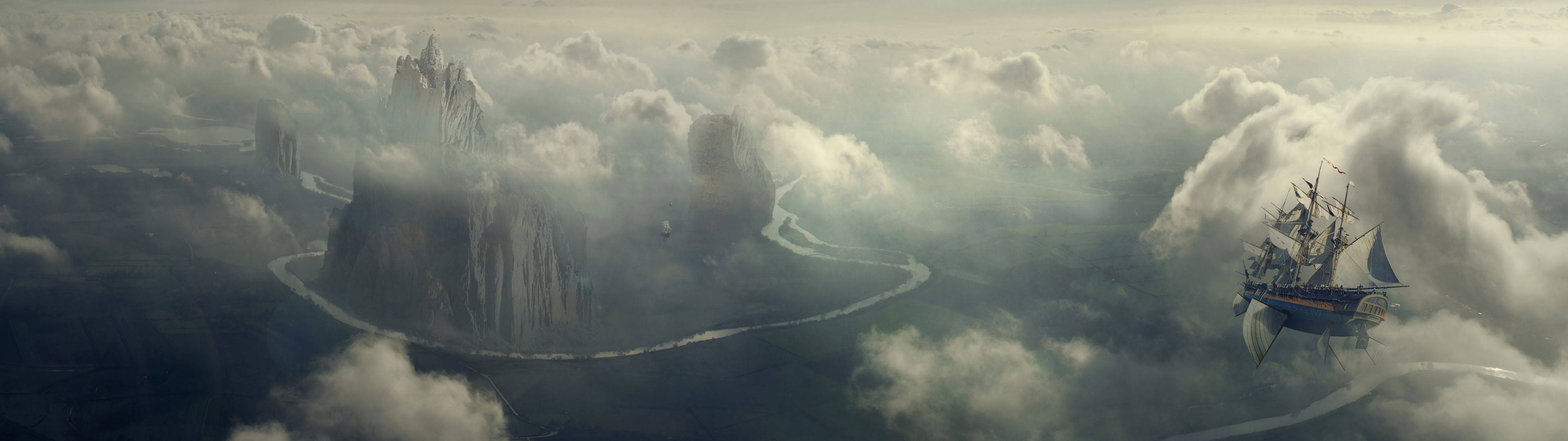 3840x1080 HD Dual Monitor, flying ship, misty valley, 4K Desktop Wallpaper