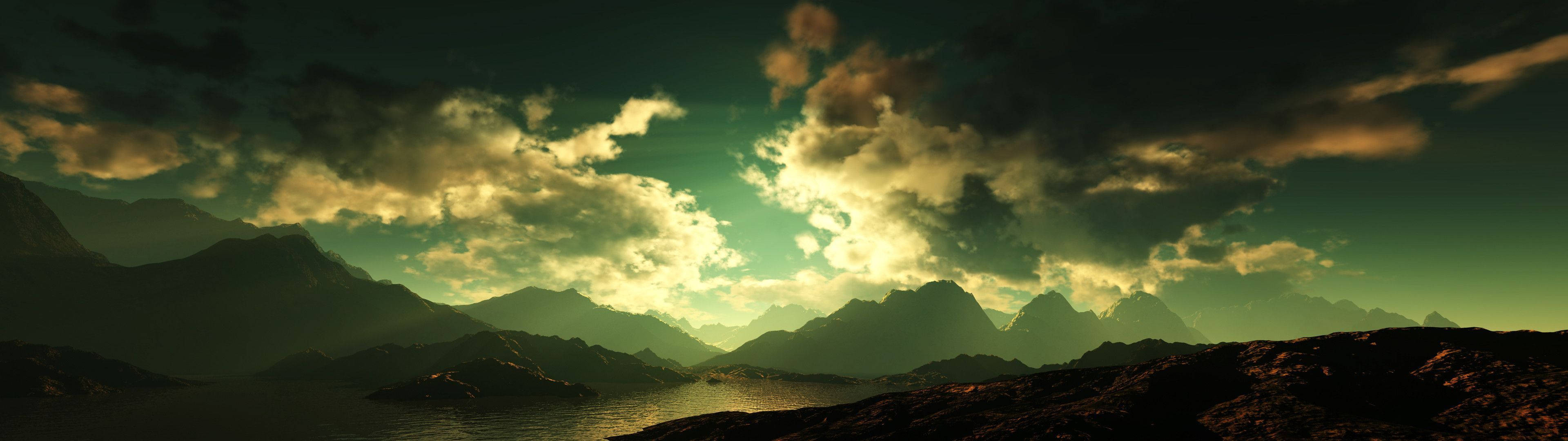 mountain range, golden sunset, glowing clouds, 4K Desktop Wallpaper