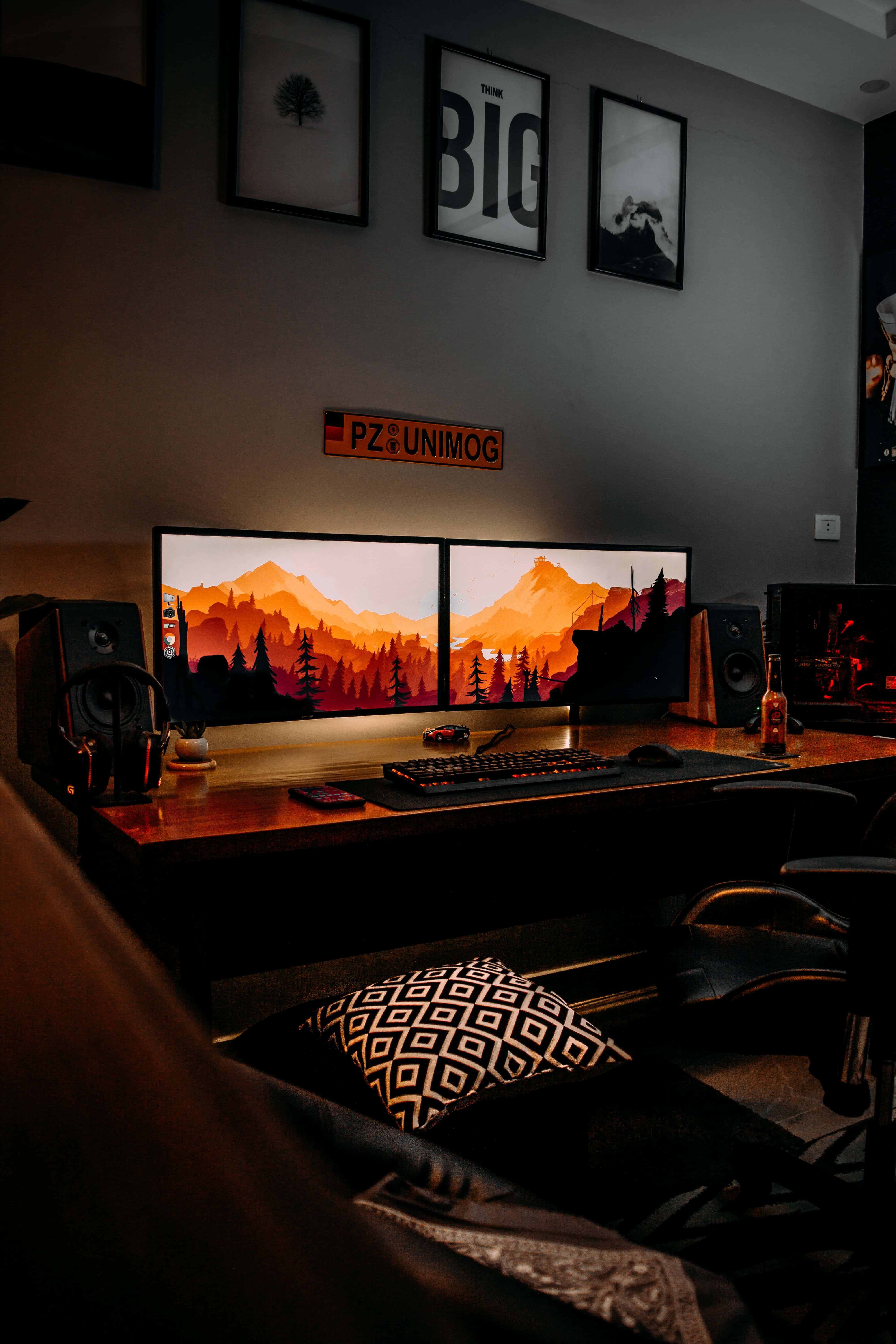 dual monitors, fiery mountain sunset wallpaper, speakers, 5K Phone Wallpaper