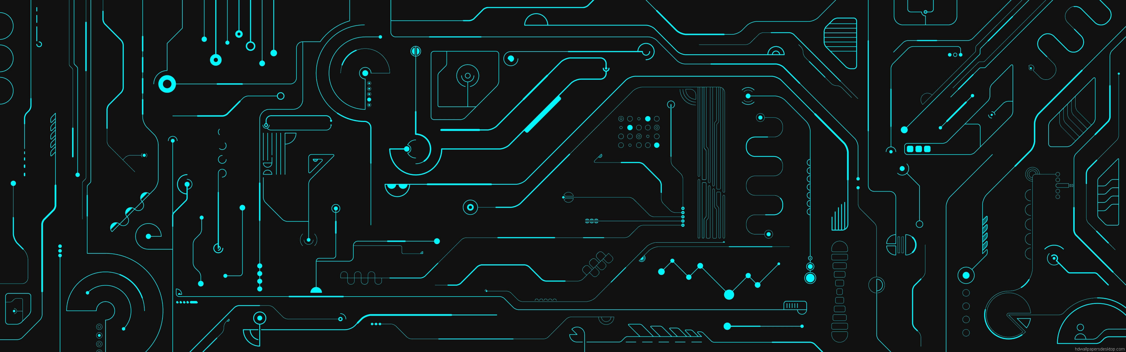circuit board, glowing cyan pathways, black background, 4K Desktop Wallpaper