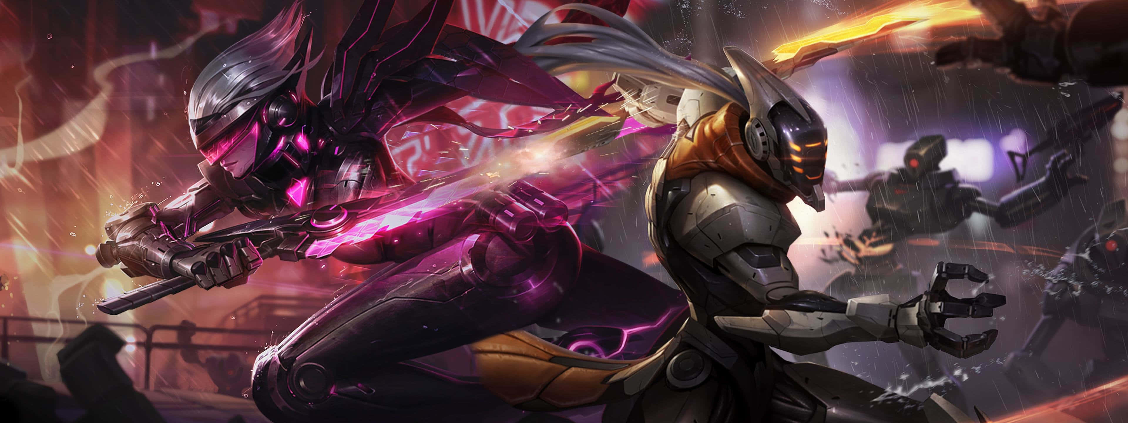 3840x1080 League Of Legends, armored warriors, fiery neon-lit urban battlefield, 4K Desktop Wallpaper