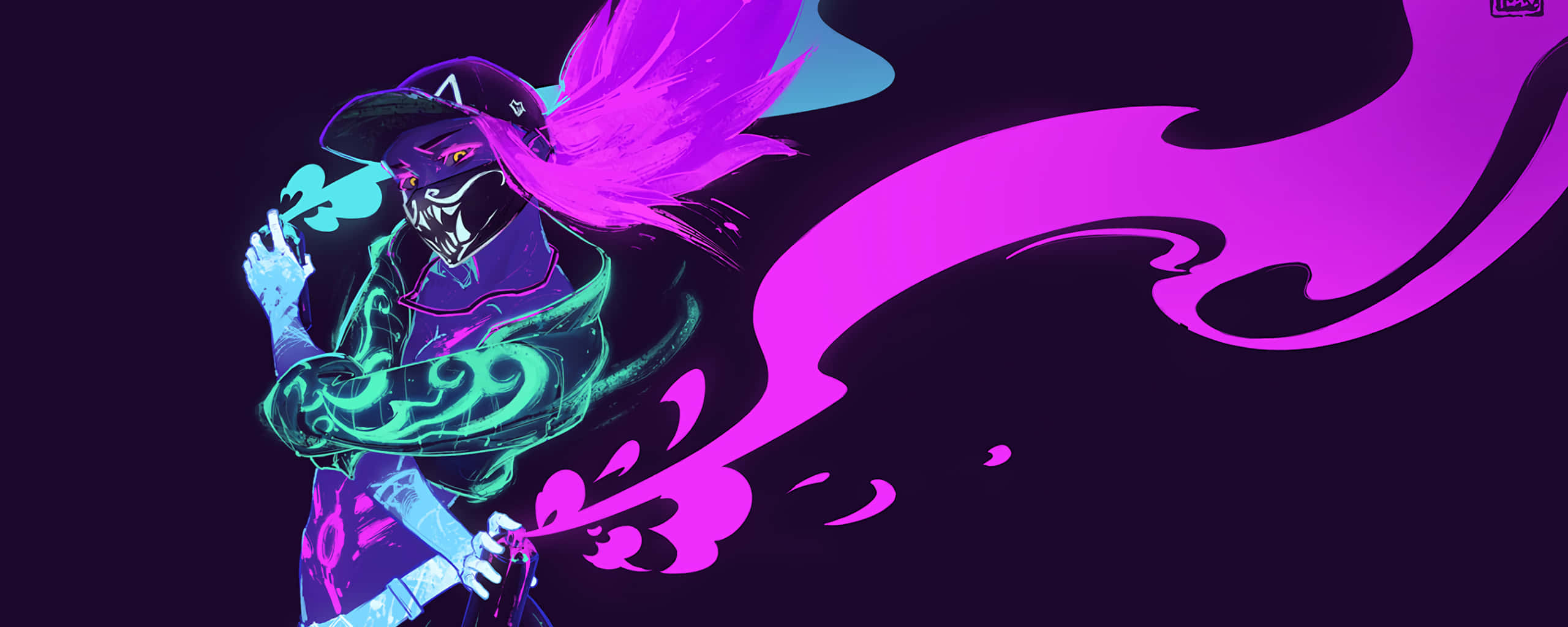 3840x1080 League Of Legends, purple and blue flame, glowing neon tattoos, 2K Desktop Wallpaper