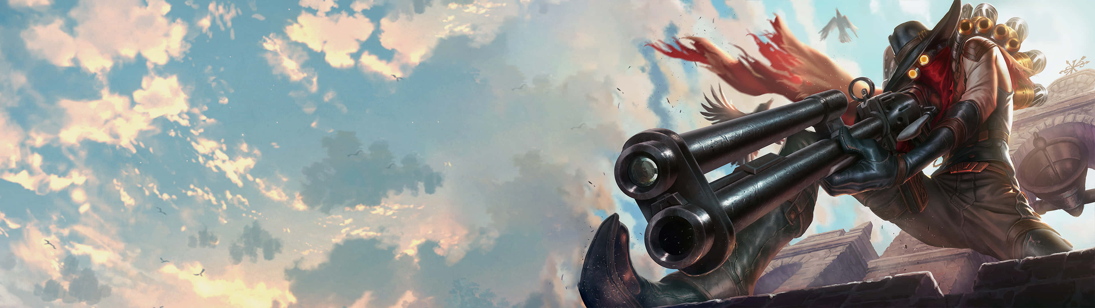 3840x1080 League Of Legends, fiery-haired warrior, cowboy hat, 4K Desktop Wallpaper