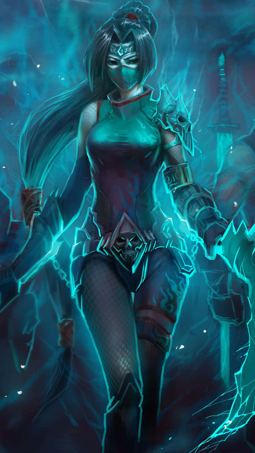 League Of Legends, masked warrior woman, glowing cyan energy, Full HD Phone Wallpaper