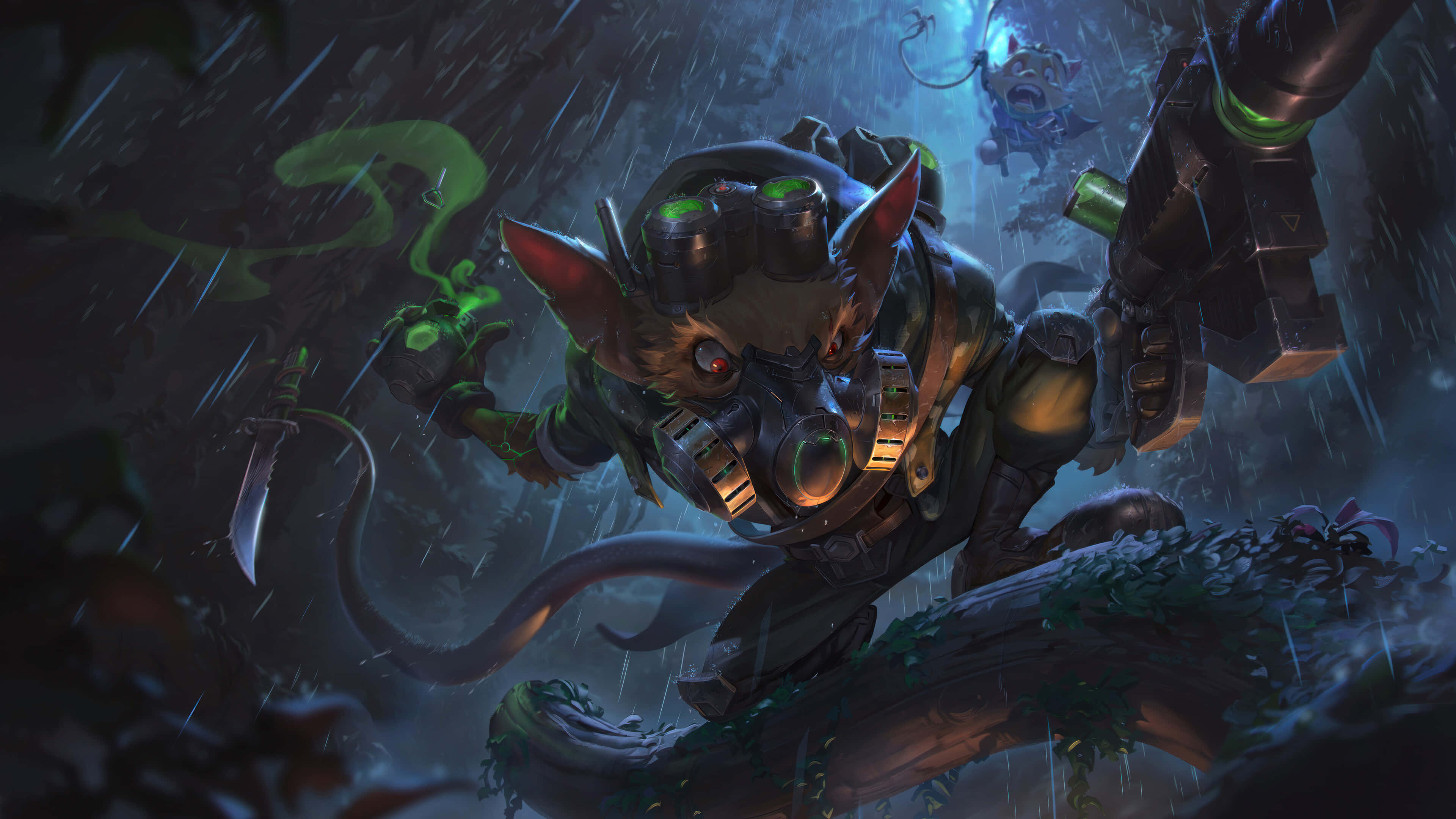 League of Legends, cyberpunk rat warrior, glowing green blade, 4K Desktop Wallpaper