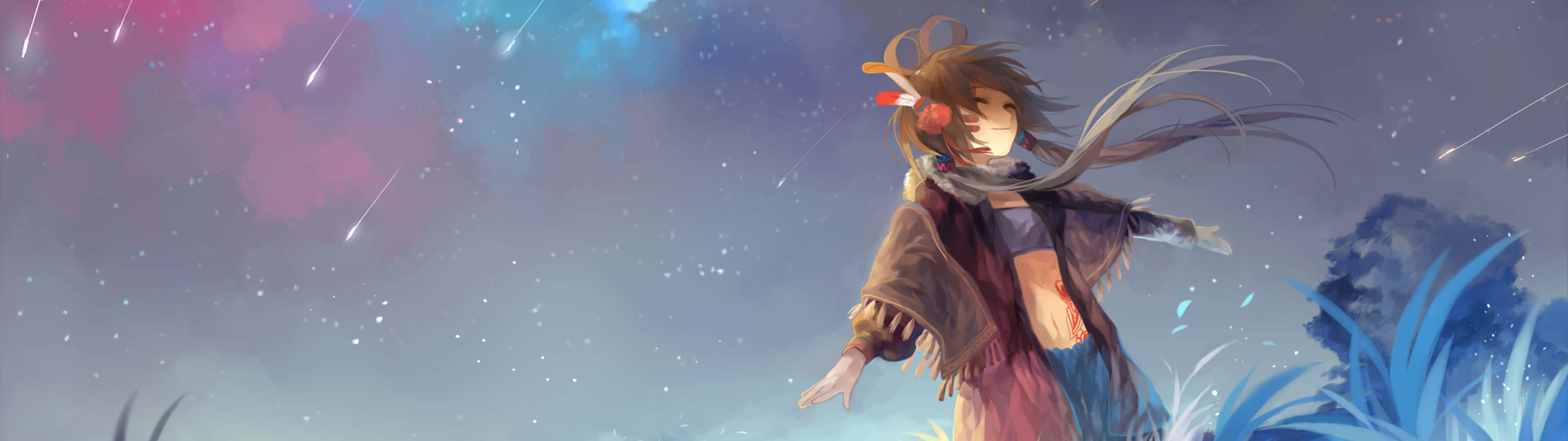 3840x1080, anime girl, starry sky, 4K Desktop Wallpaper