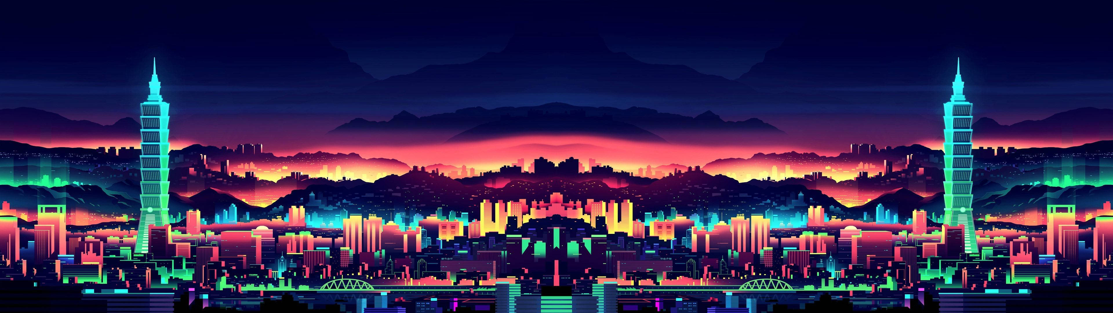 vaporwave city, neon-drenched futuristic cityscape, glowing skyscrapers, 4K Desktop Wallpaper