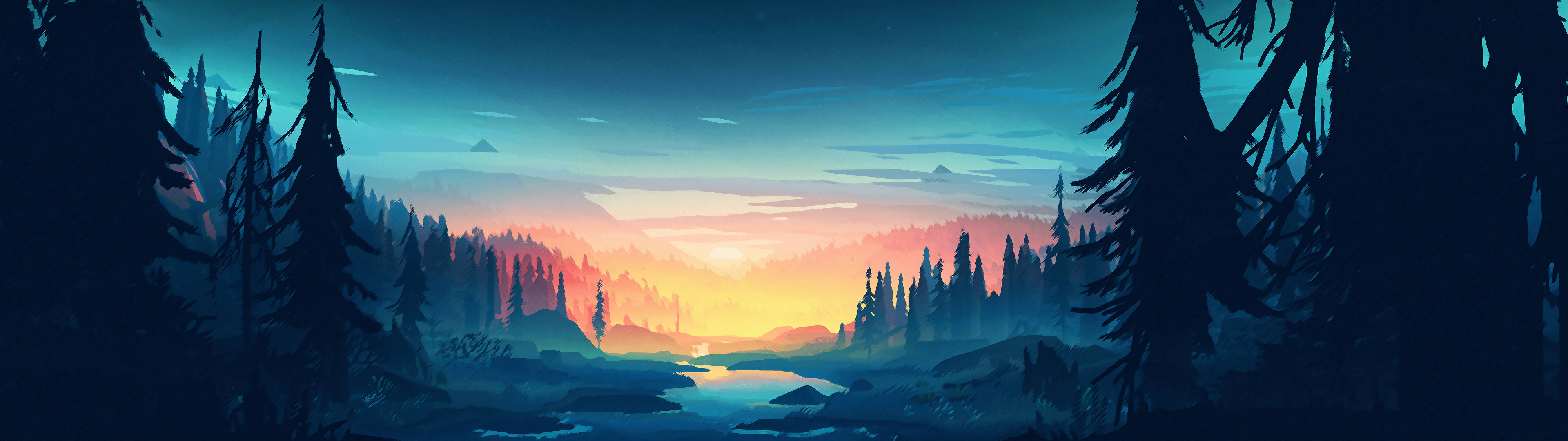 twilight forest, winding river, pine trees, 4K Desktop Wallpaper