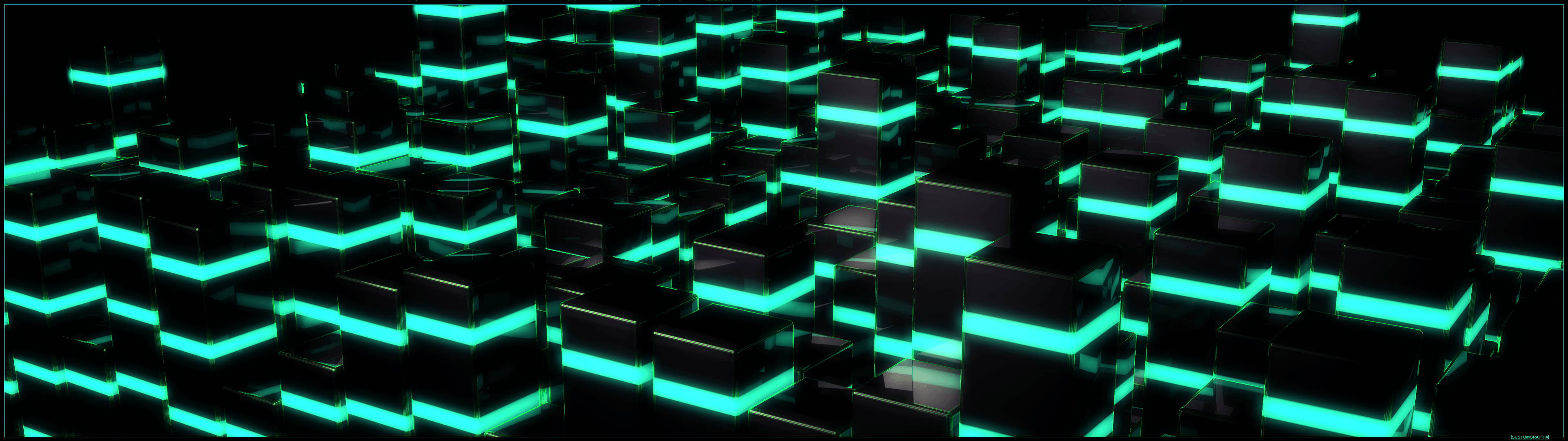 3840X1080, neon abstract art, glowing teal cubes, 4K Desktop Wallpaper