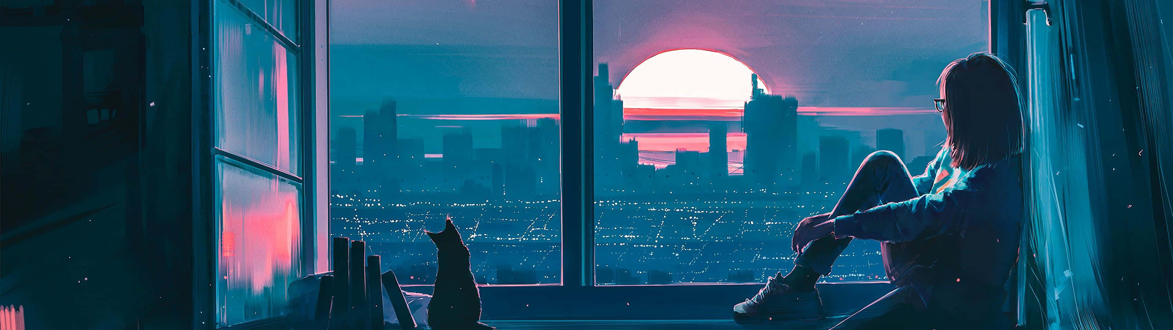 3840X1080, anime girl, sunset, 4K Desktop Wallpaper