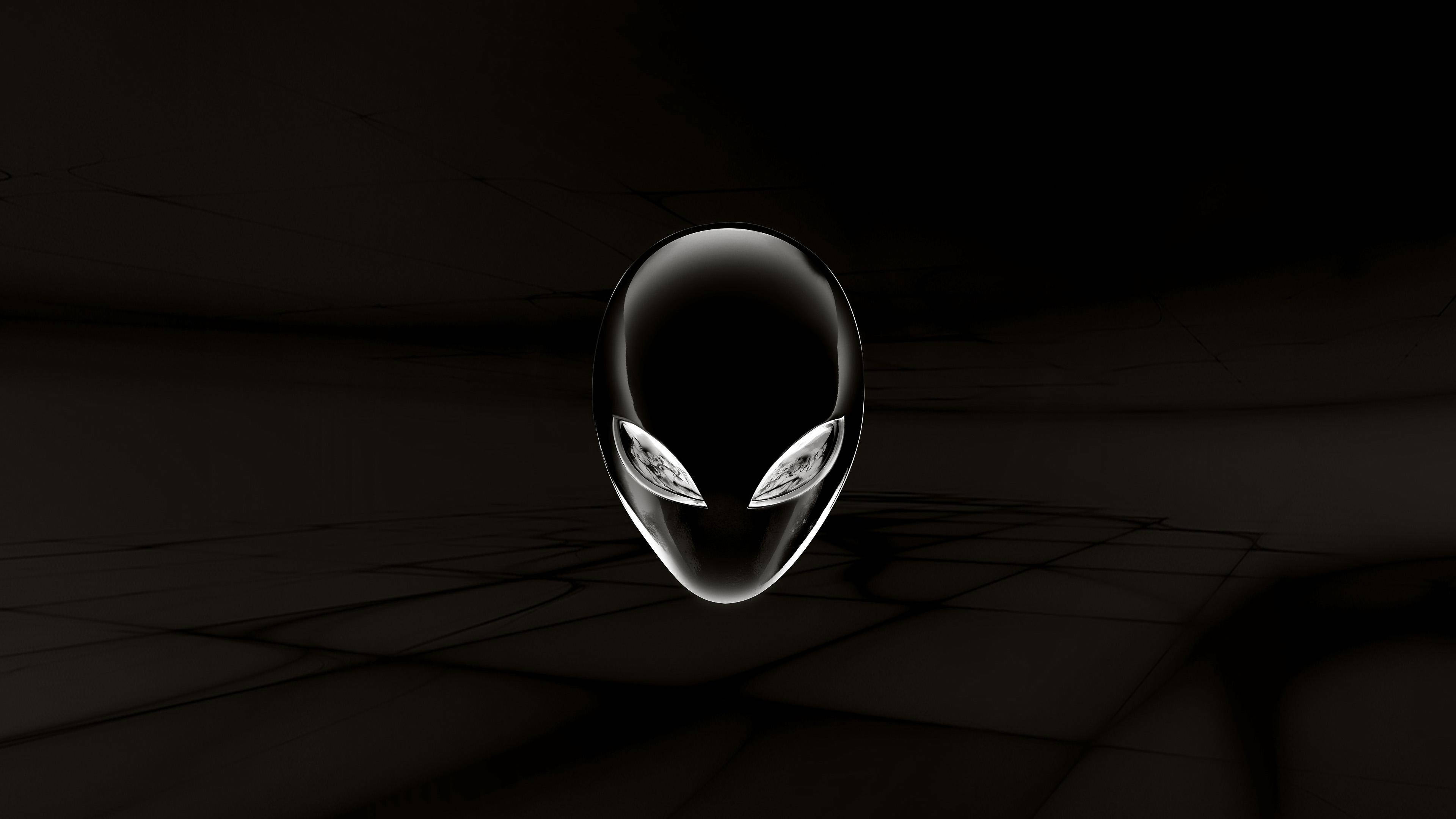 3840x2160 Alienware, glossy black alien head logo, glowing white eyes, 4K Desktop Wallpaper