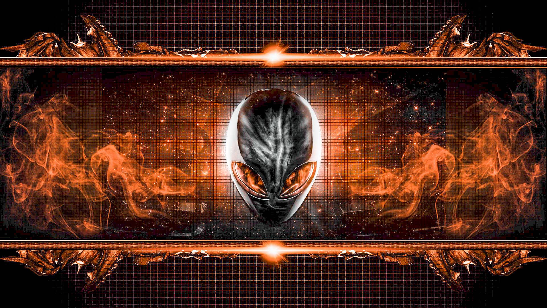 Alienware, orange eyes, fiery orange smoke swirls, Full HD Desktop Wallpaper