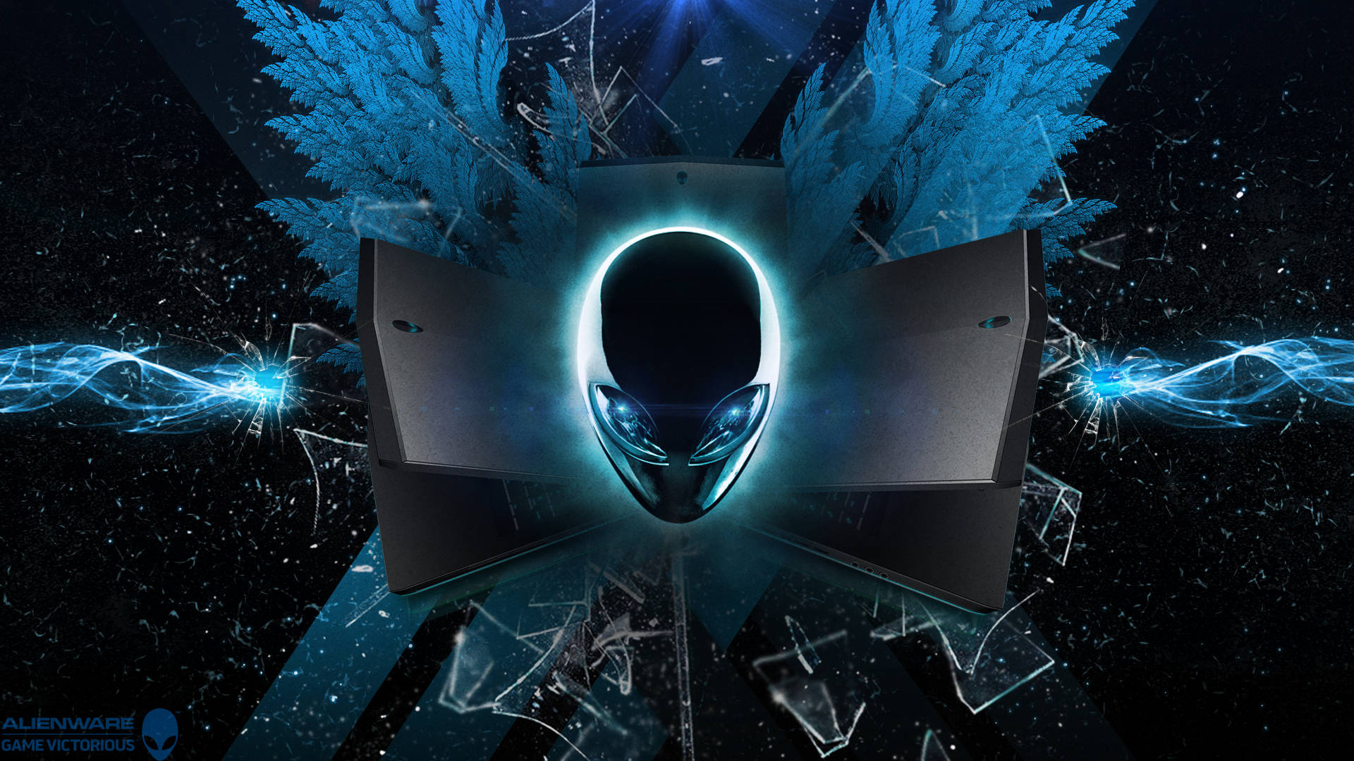 Alienware, electric blue, shattered glass, Full HD Desktop Wallpaper