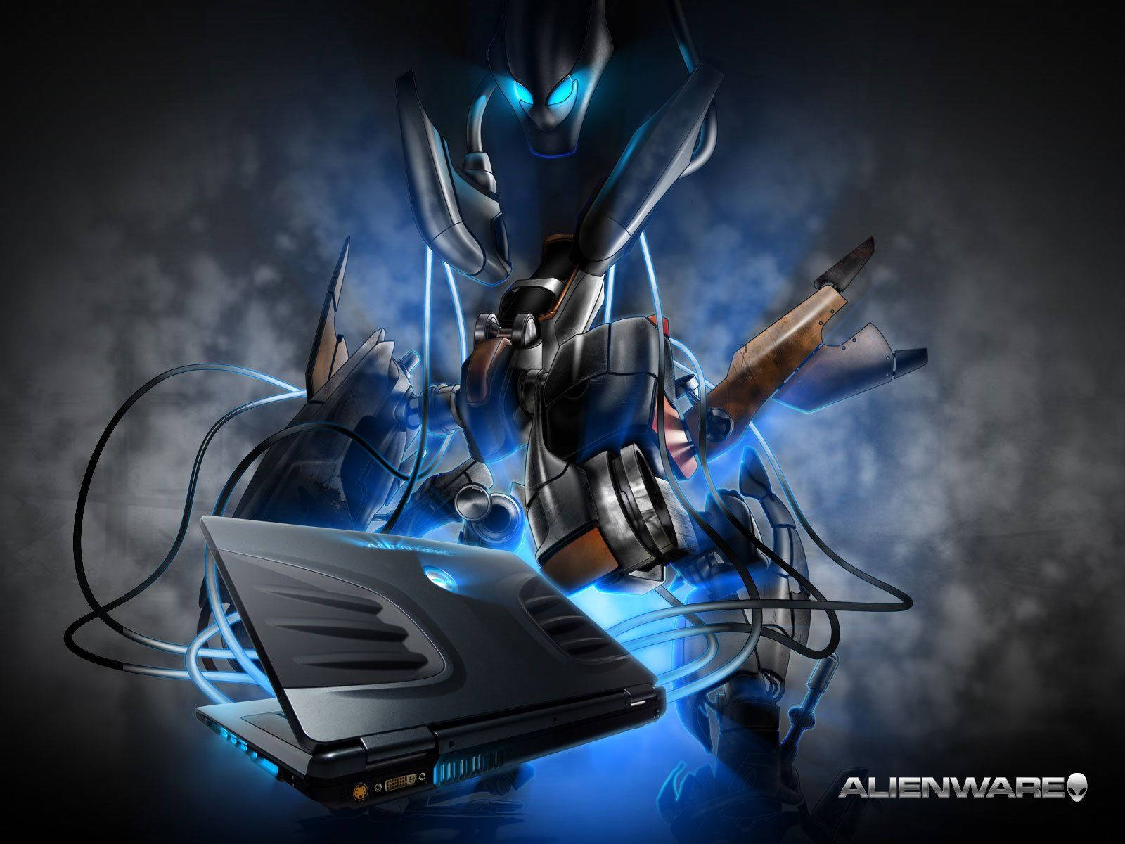 Alienware laptop, glowing blue armored alien warrior, electric cables, HD Desktop Wallpaper