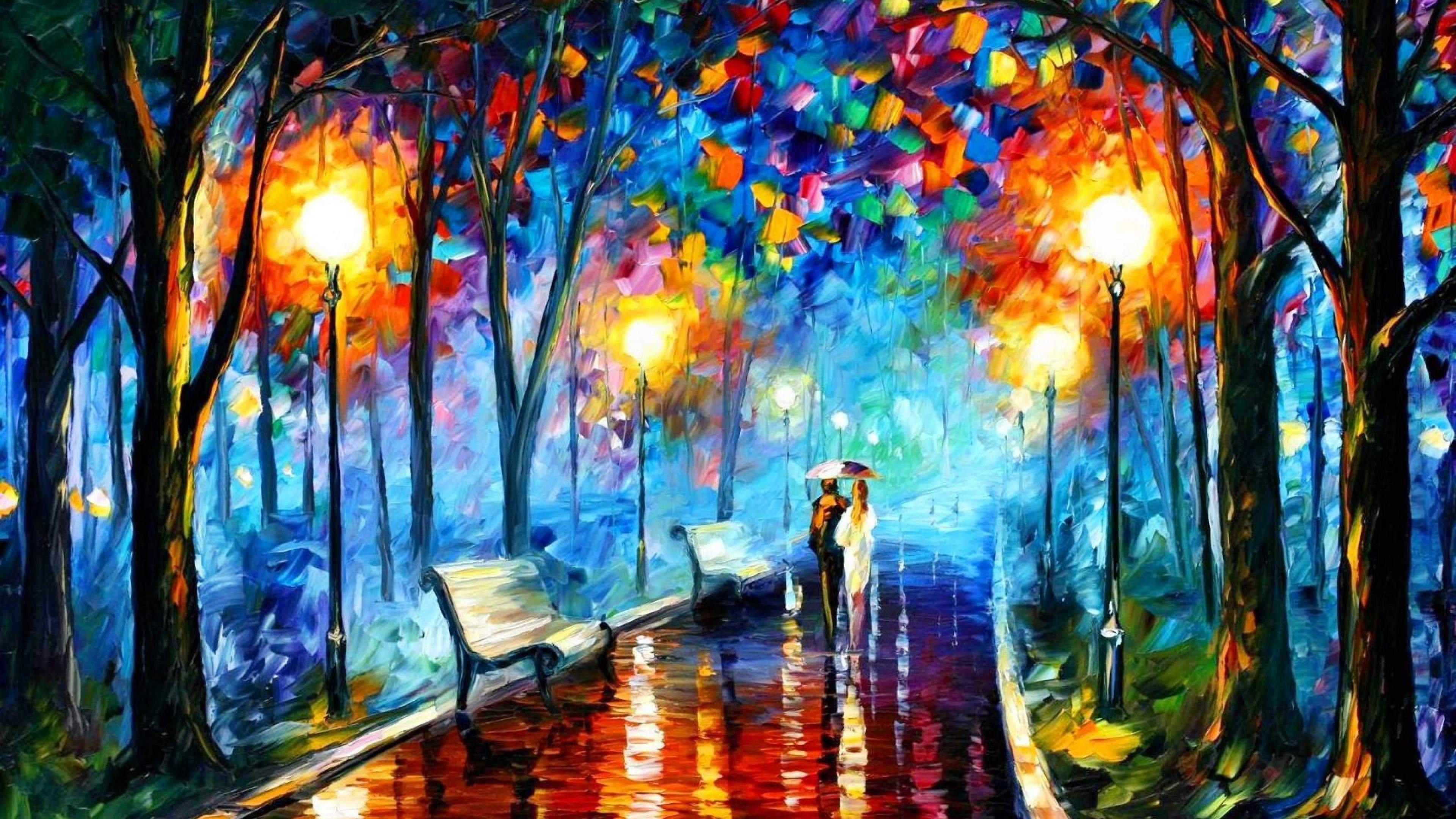 3840x2160 Monitor, rainy night, glowing street lamps, 4K Desktop Wallpaper