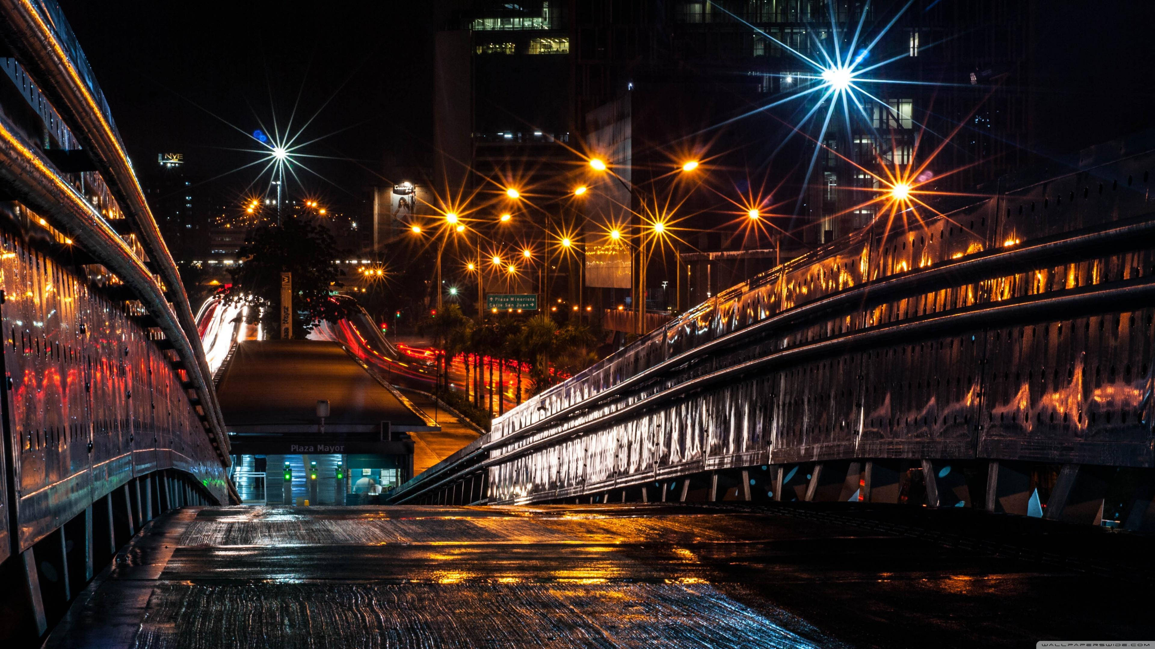 3840x2160 Monitor, city lights, wet urban bridge, 4K Desktop Wallpaper