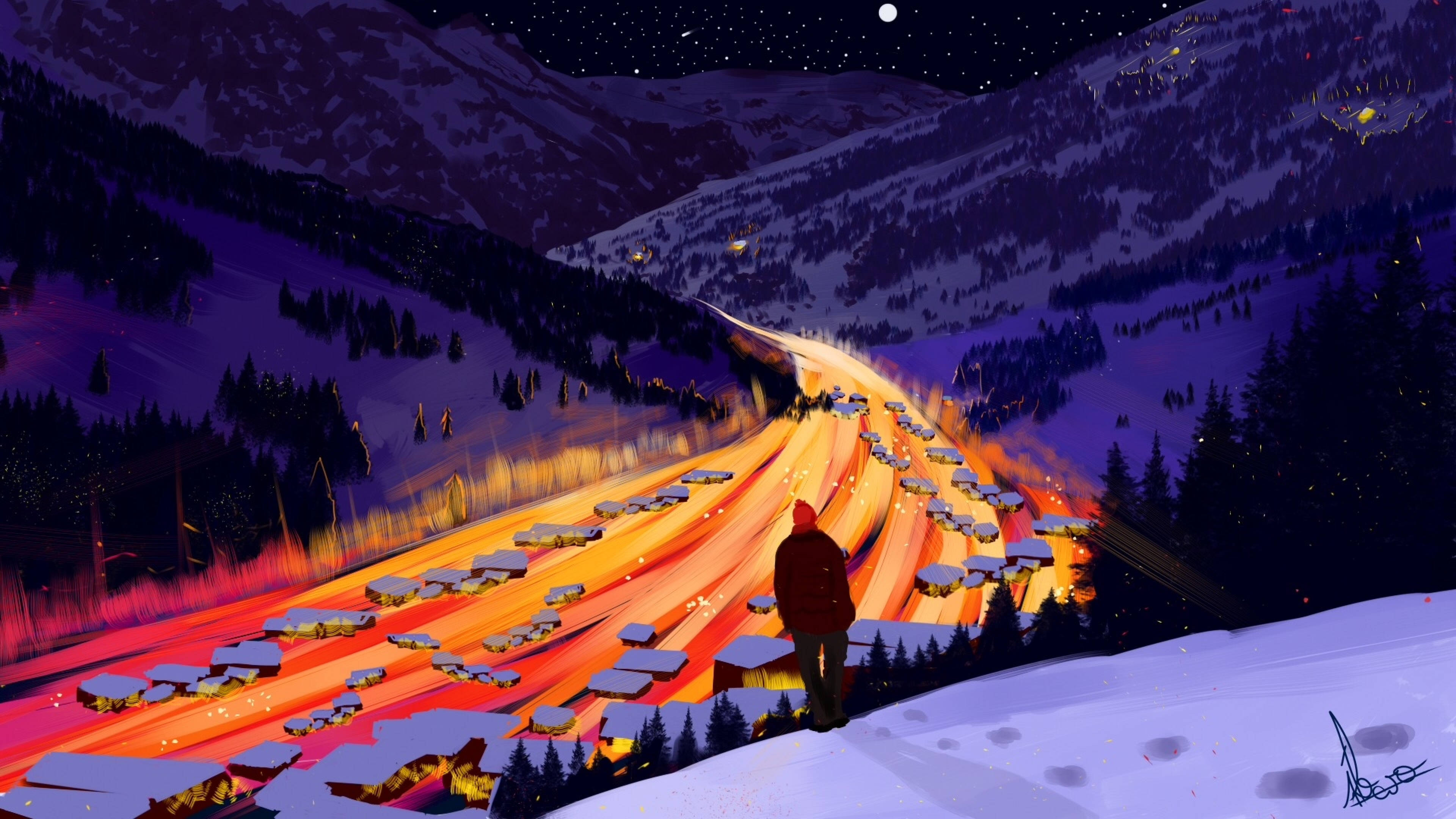 3840x2160 Monitor, snowy mountainside, glowing orange highway, 4K Desktop Wallpaper