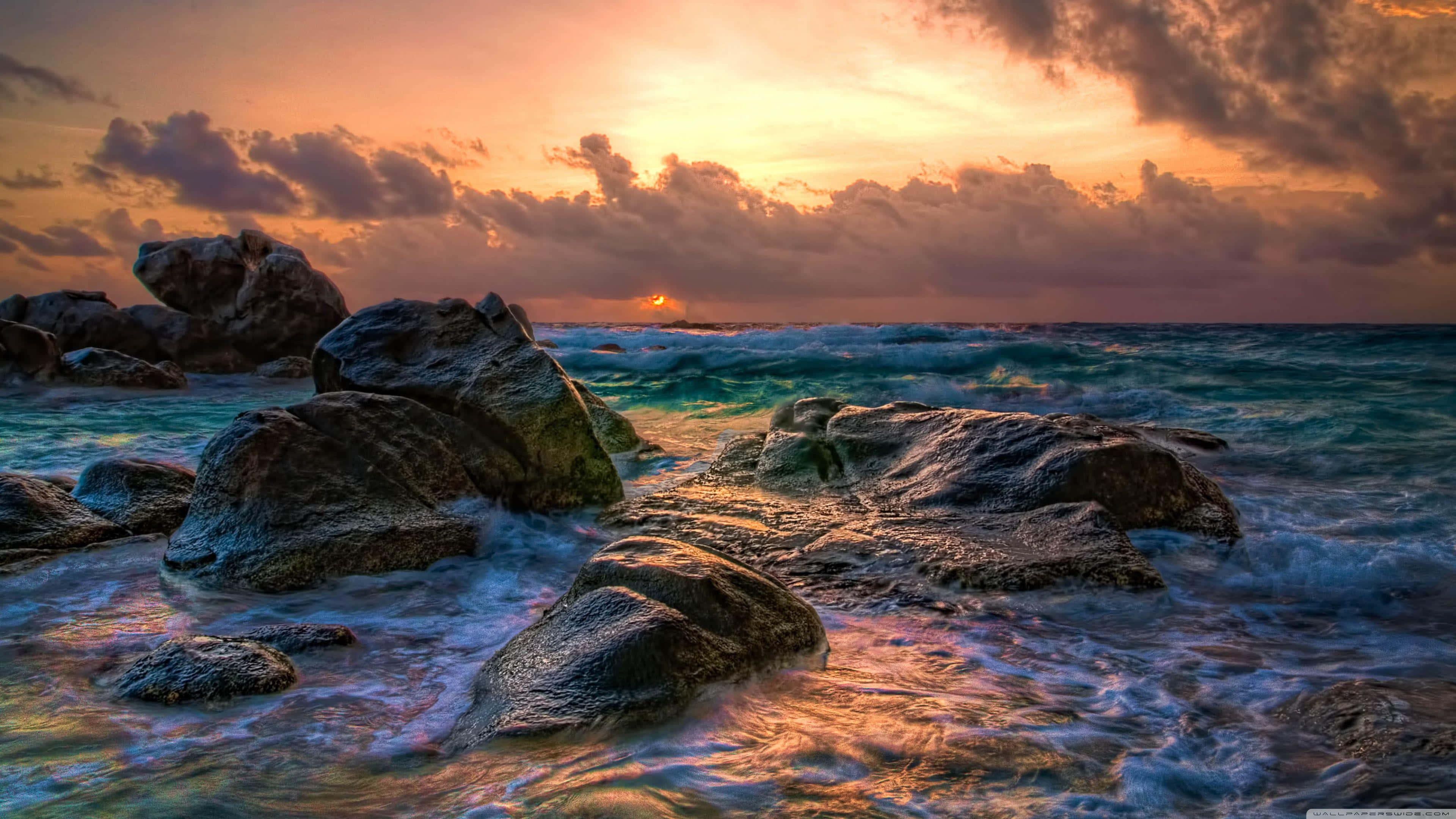 sunset, ocean, rugged coastal rocks, 4K Desktop Wallpaper