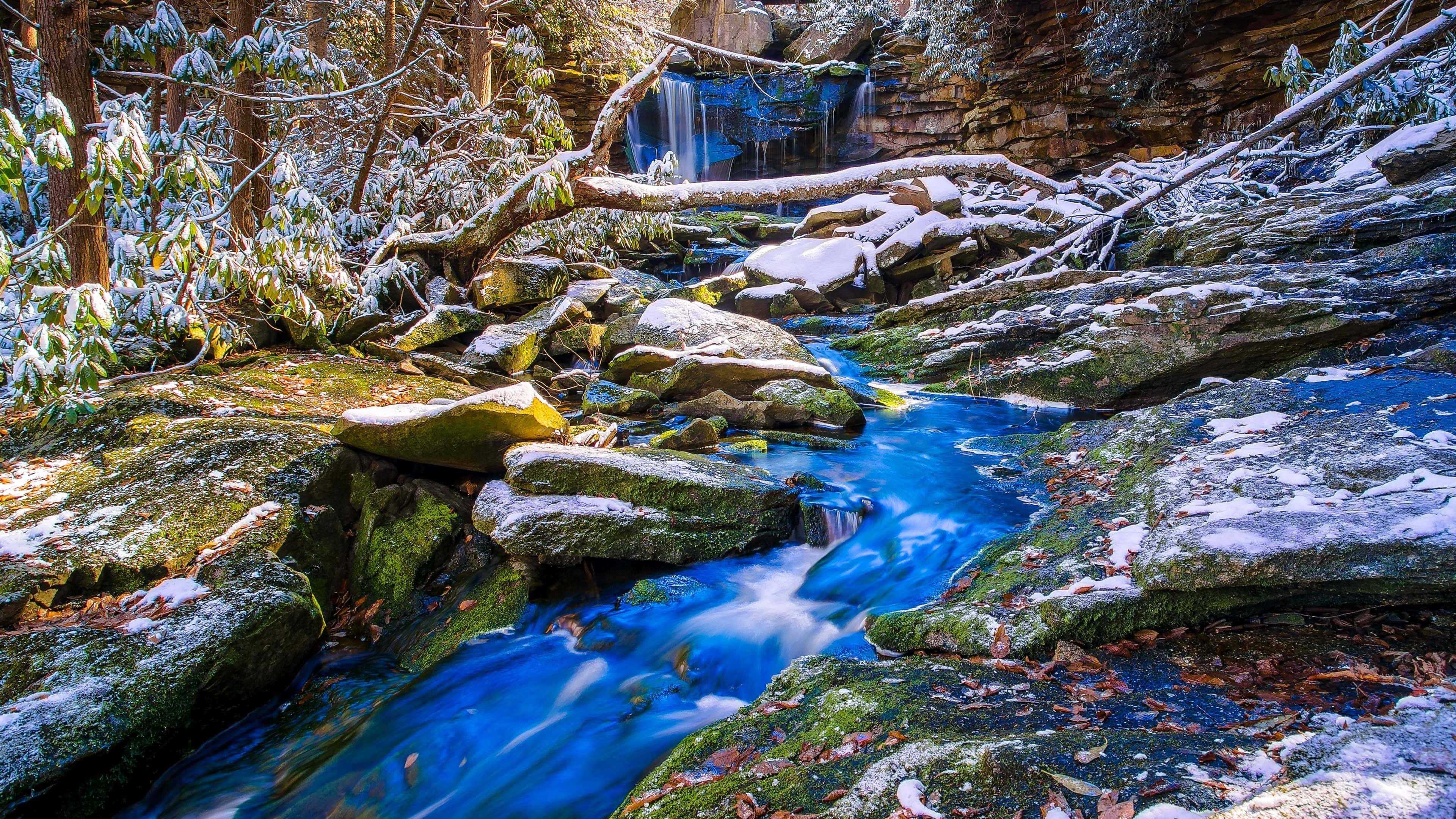 3840x2160 UHD 4K Desktop, blue stream, snowy woods, 4K Desktop Wallpaper