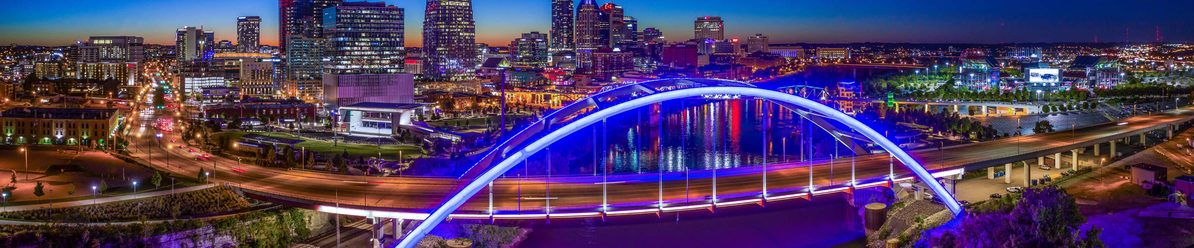 3840x800, dusk, glowing blue arched bridge, 4K Desktop Wallpaper