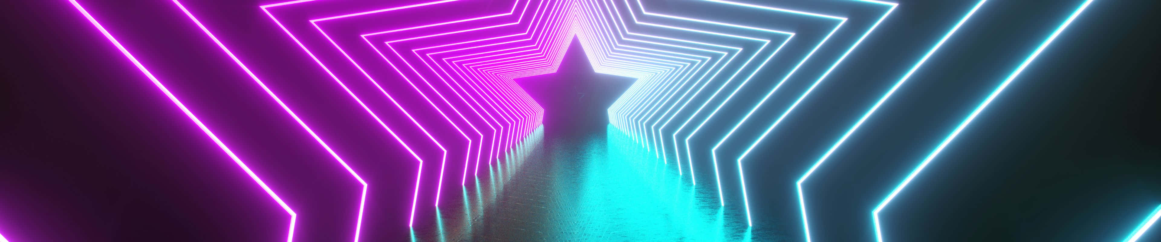 neon light tunnel, pink and cyan lights, reflective floor, 4K Desktop Wallpaper