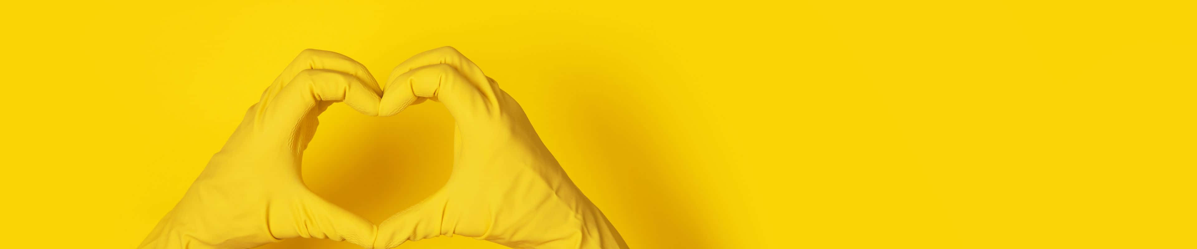 yellow gloves, heart shape, yellow background, 4K Desktop Wallpaper