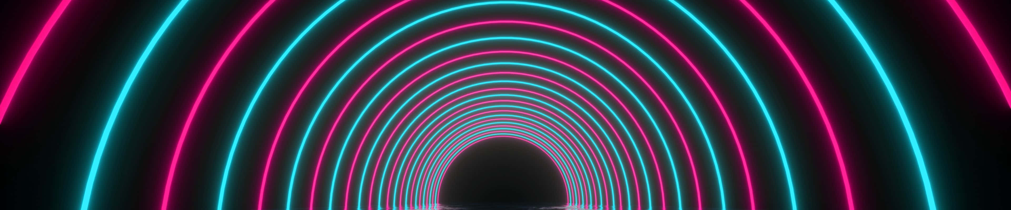 glowing pink, cyan neon arcs, tunnel, 4K Desktop Wallpaper