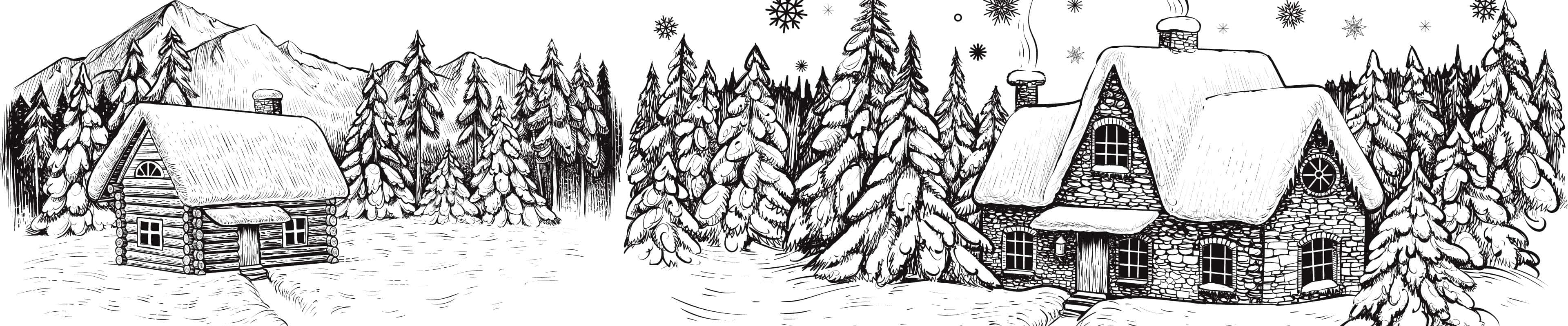 3840x800, snow-covered cabins, dense pine forest, 4K Desktop Wallpaper