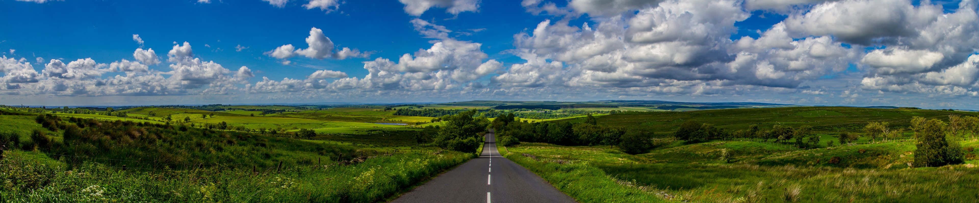 3840x800, asphalt road, vibrant green rolling hills, 4K Desktop Wallpaper