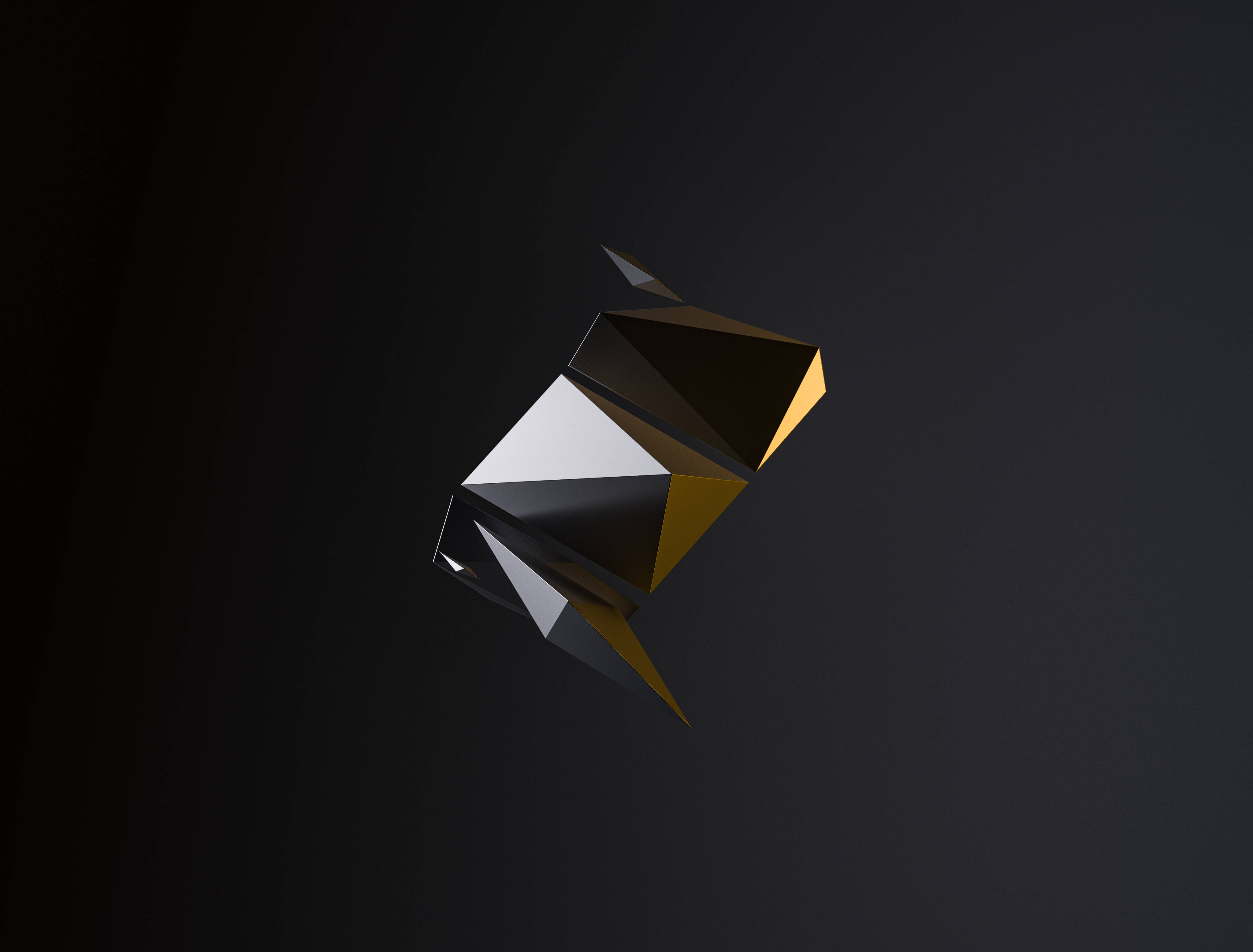 gold white and black, geometric rabbit head sculpture, dark gradient background, 4K Desktop Wallpaper
