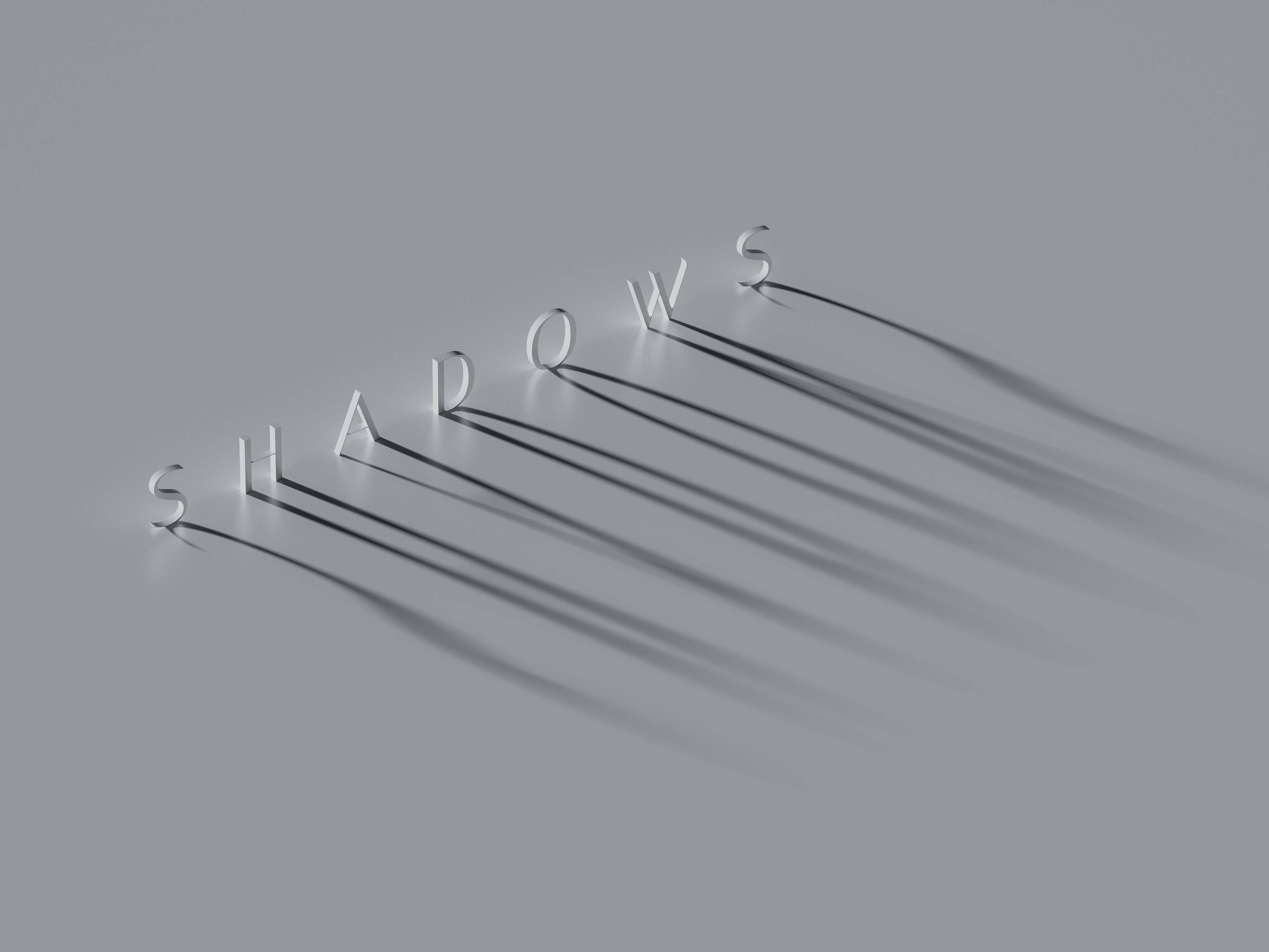 SHADOWS, sleek metallic letters, long dramatic shadows, 4K Desktop Wallpaper