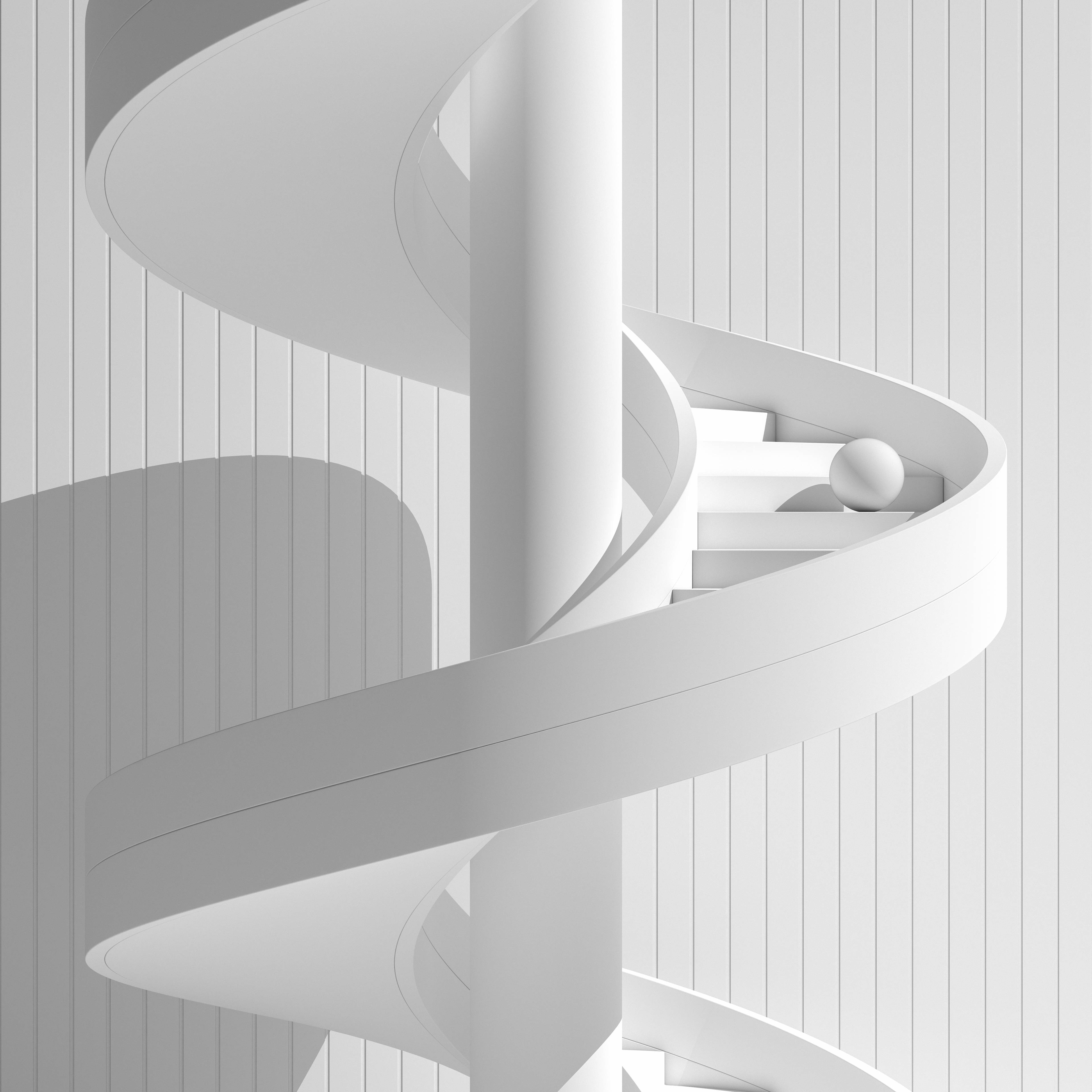 3d 4k, white spiral staircase, sphere, 4K Desktop Wallpaper