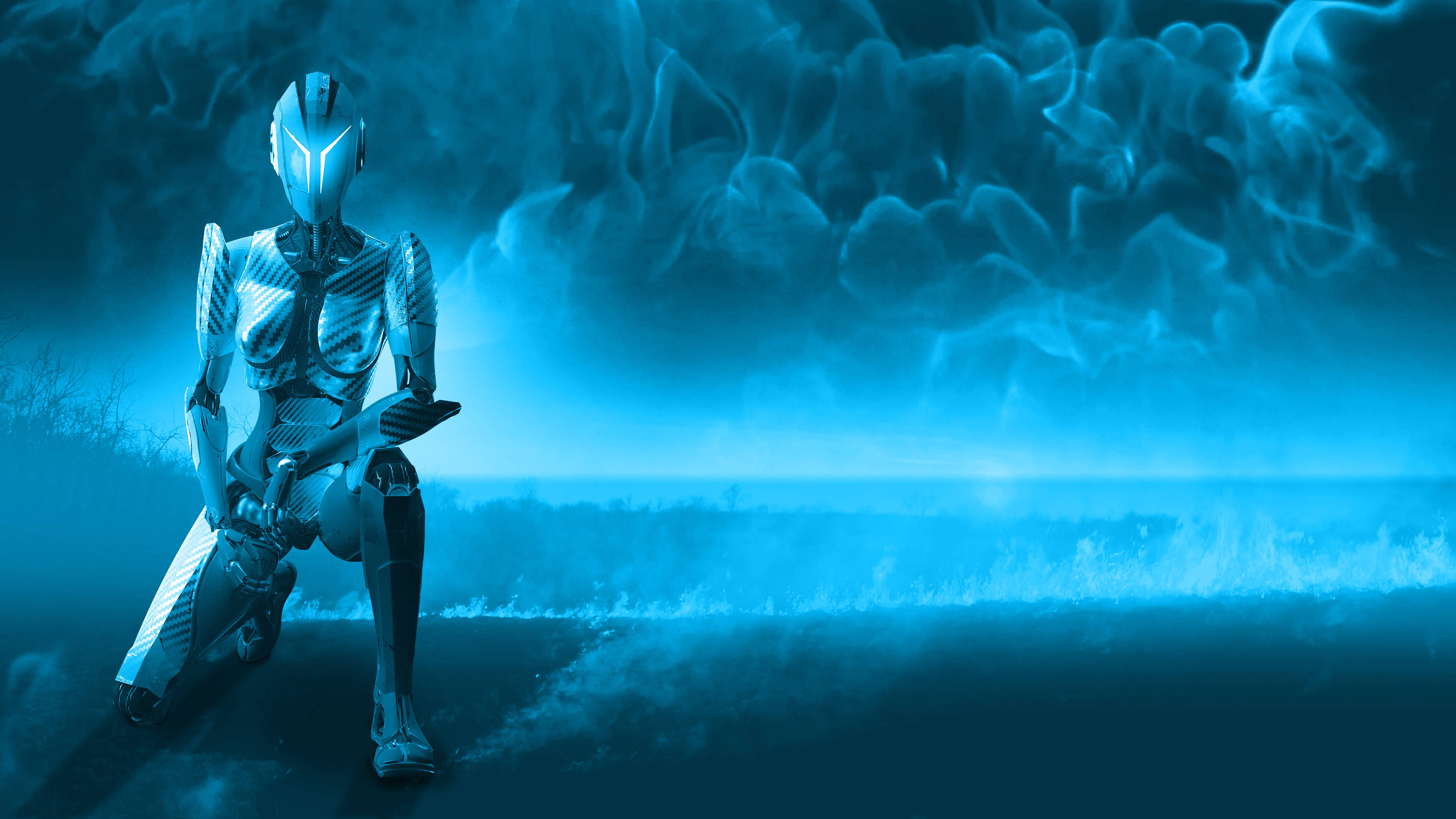 3D 4K Robot, humanoid robot, monochromatic blue landscape, 4K Desktop Wallpaper