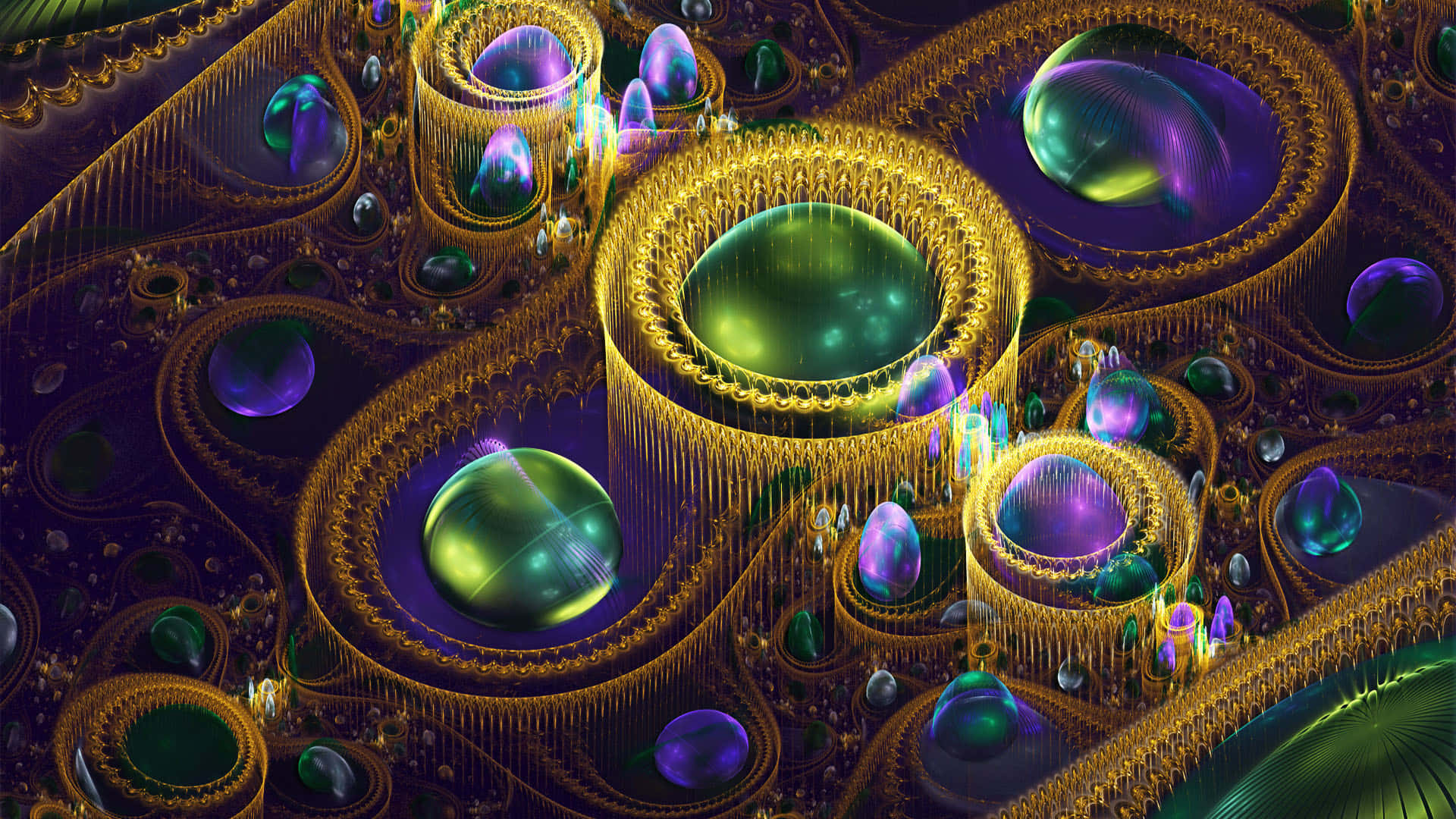 3d abstract, golden fractal rings, glowing green and purple orbs, Full HD Desktop Wallpaper