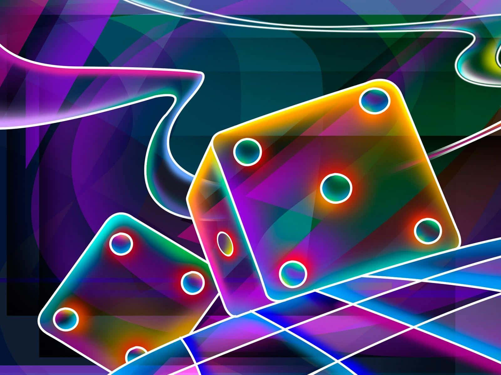 Neon-lit dice, glowing dots, vibrant geometric grid, HD Desktop Wallpaper
