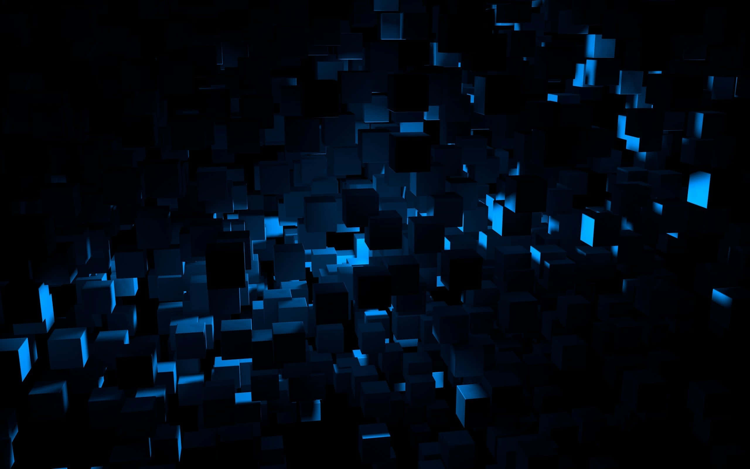 3d abstract, glowing blue cubes, deep darkness, 2K Desktop Wallpaper