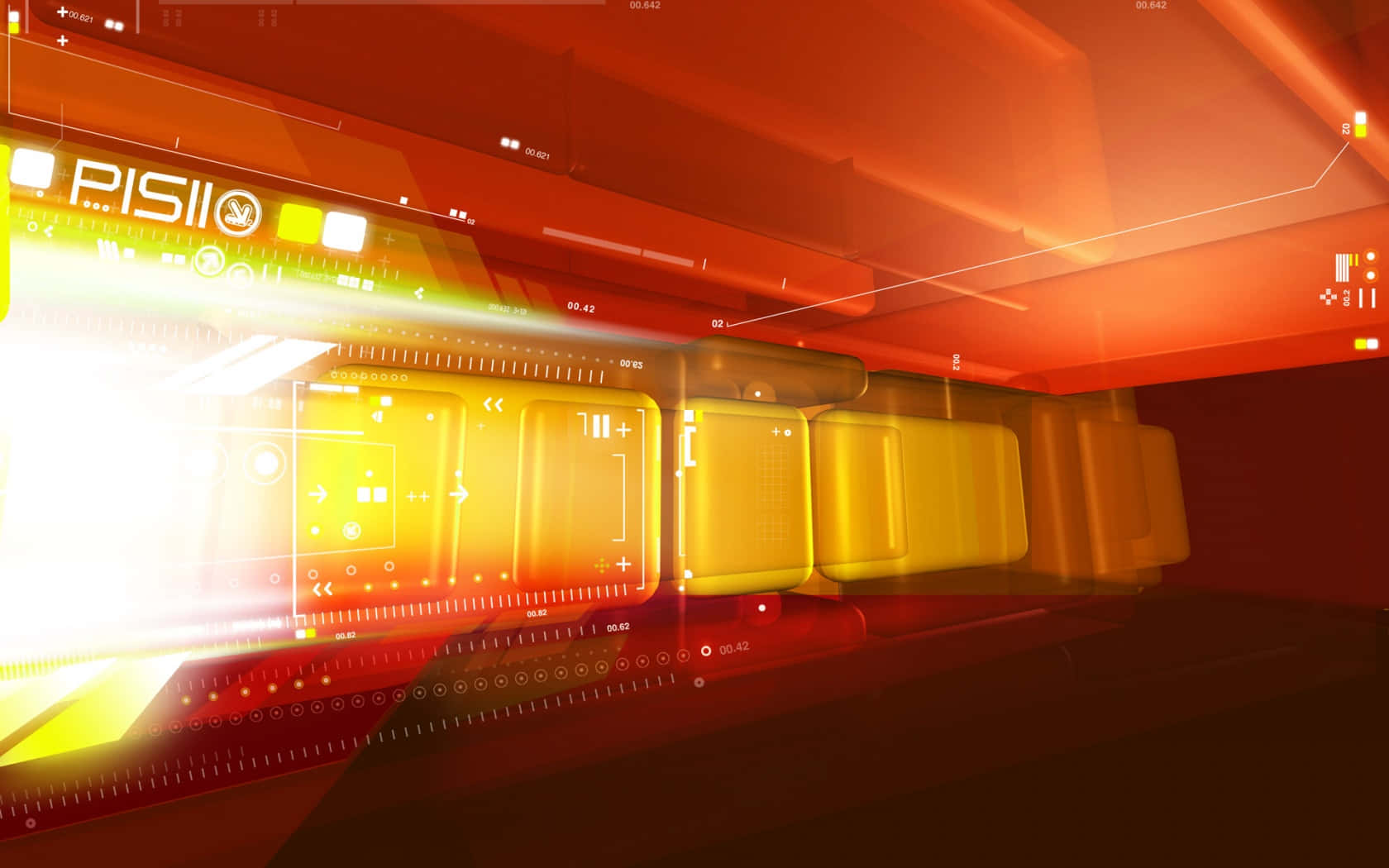 futuristic digital interface, glowing orange and yellow HUD elements, abstract tech panels, HD Desktop Wallpaper
