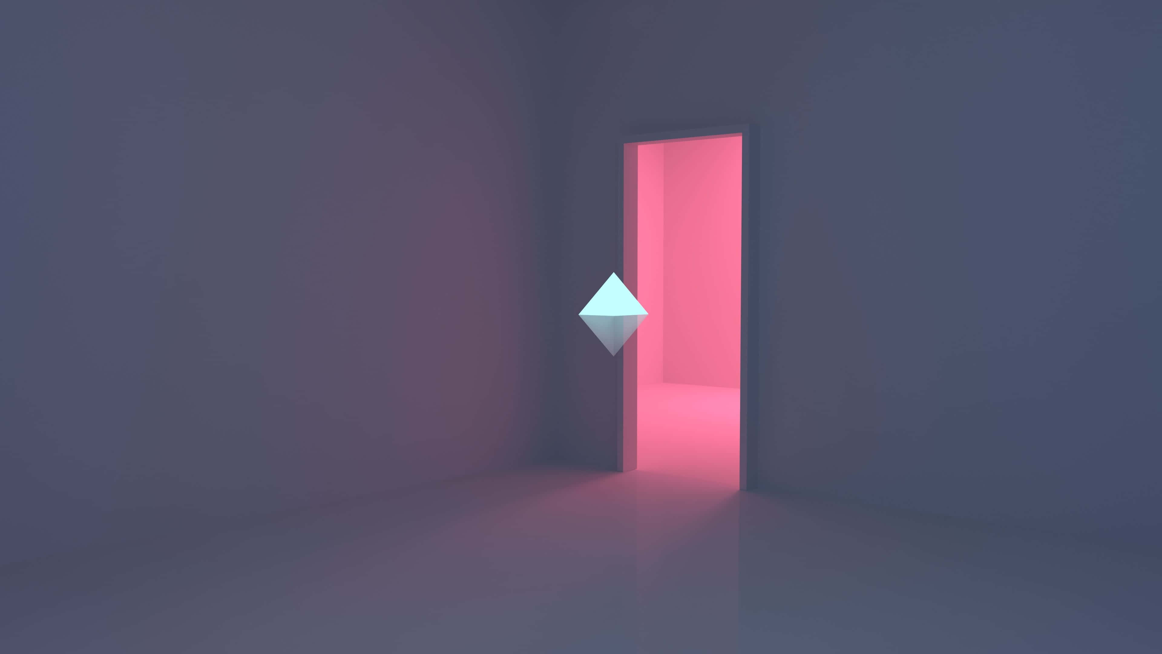 glowing pink doorway, minimalist room, floating diamond-shaped object, 4K Desktop Wallpaper