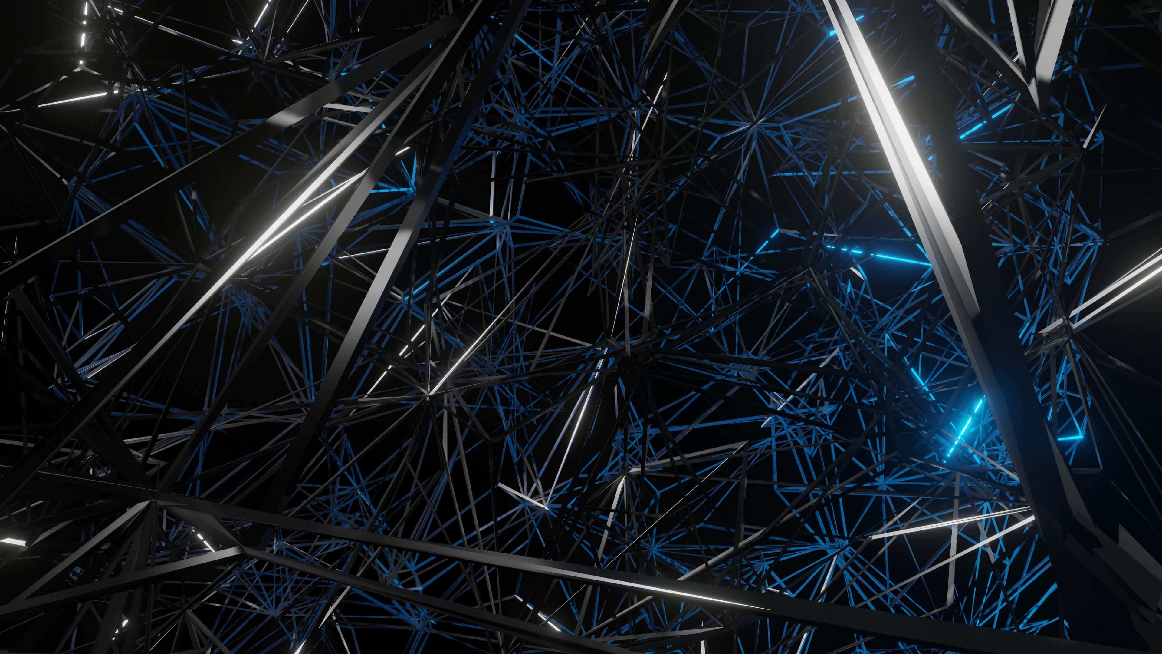 3d abstract, glowing blue and white neon lines, black void, 4K Desktop Wallpaper