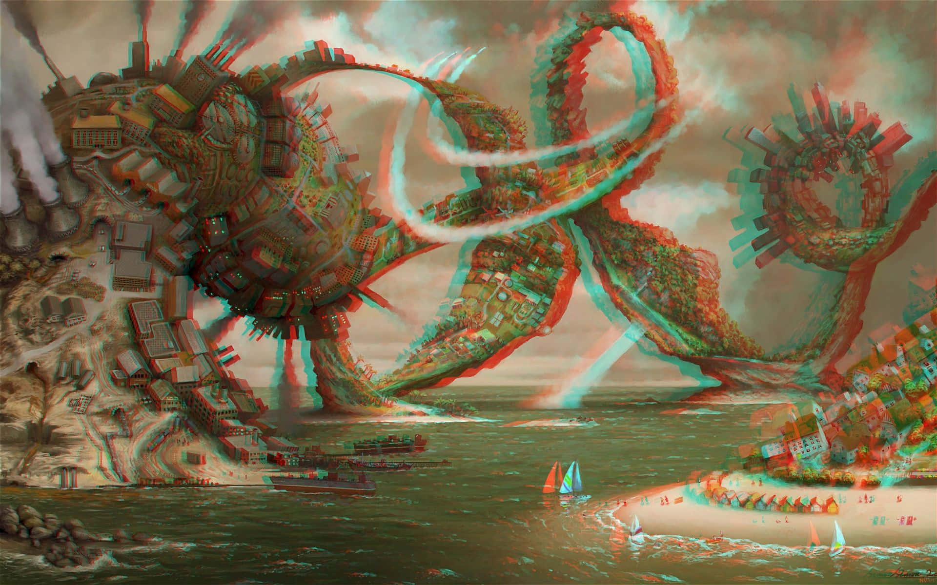 3D Abstract Art Design, city-covered sea monster, glowing tentacles, Full HD Desktop Wallpaper