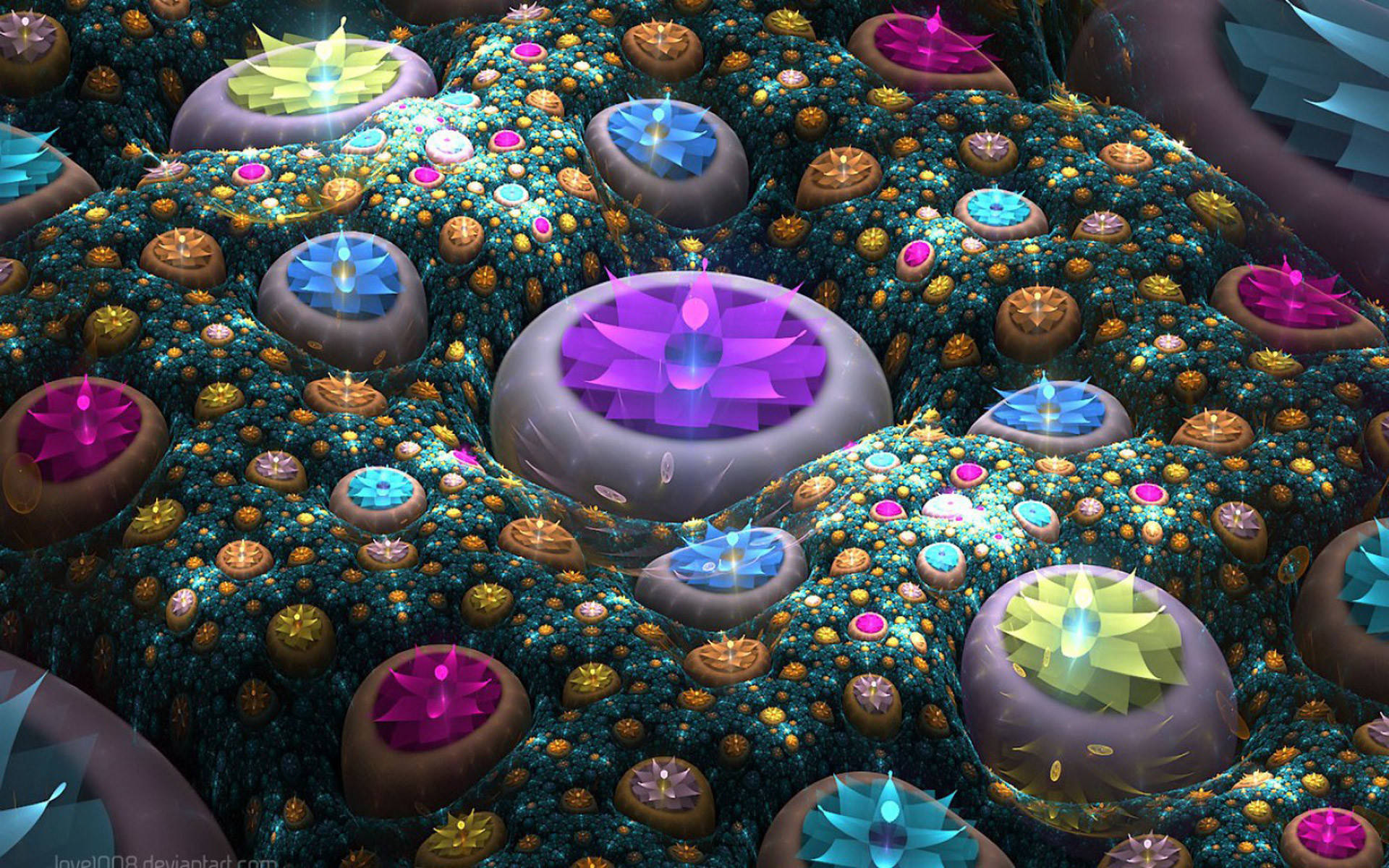 3d abstract art, glowing geometric flowers, textured teal terrain, Full HD Desktop Wallpaper