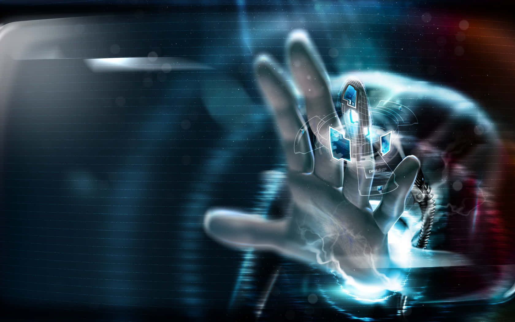 3D Technology Interface, glowing hand, holographic data streams, HD Desktop Wallpaper